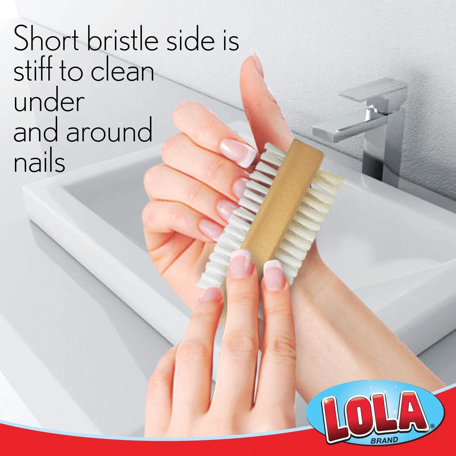 LOLA Products Hand & Nail Brush, Soft & Stiff Side, Wooden No Slip Grip, Cleans Hands and Fingernails