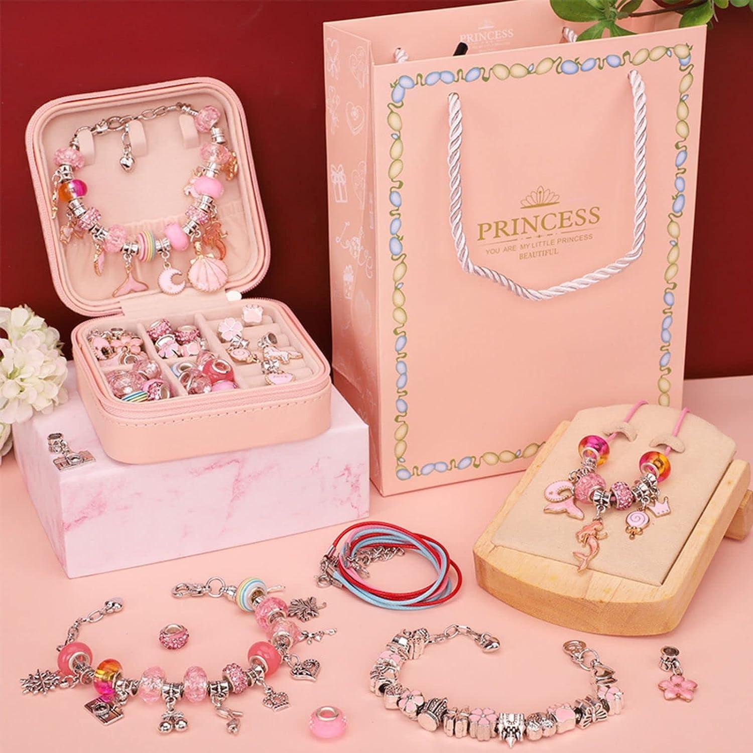 112 PCS DIY Charm Bracelet Necklaces Jewelry Making Kit with Pink Gift Box  for Girls Women Valentines Birthday Christmas Gift
