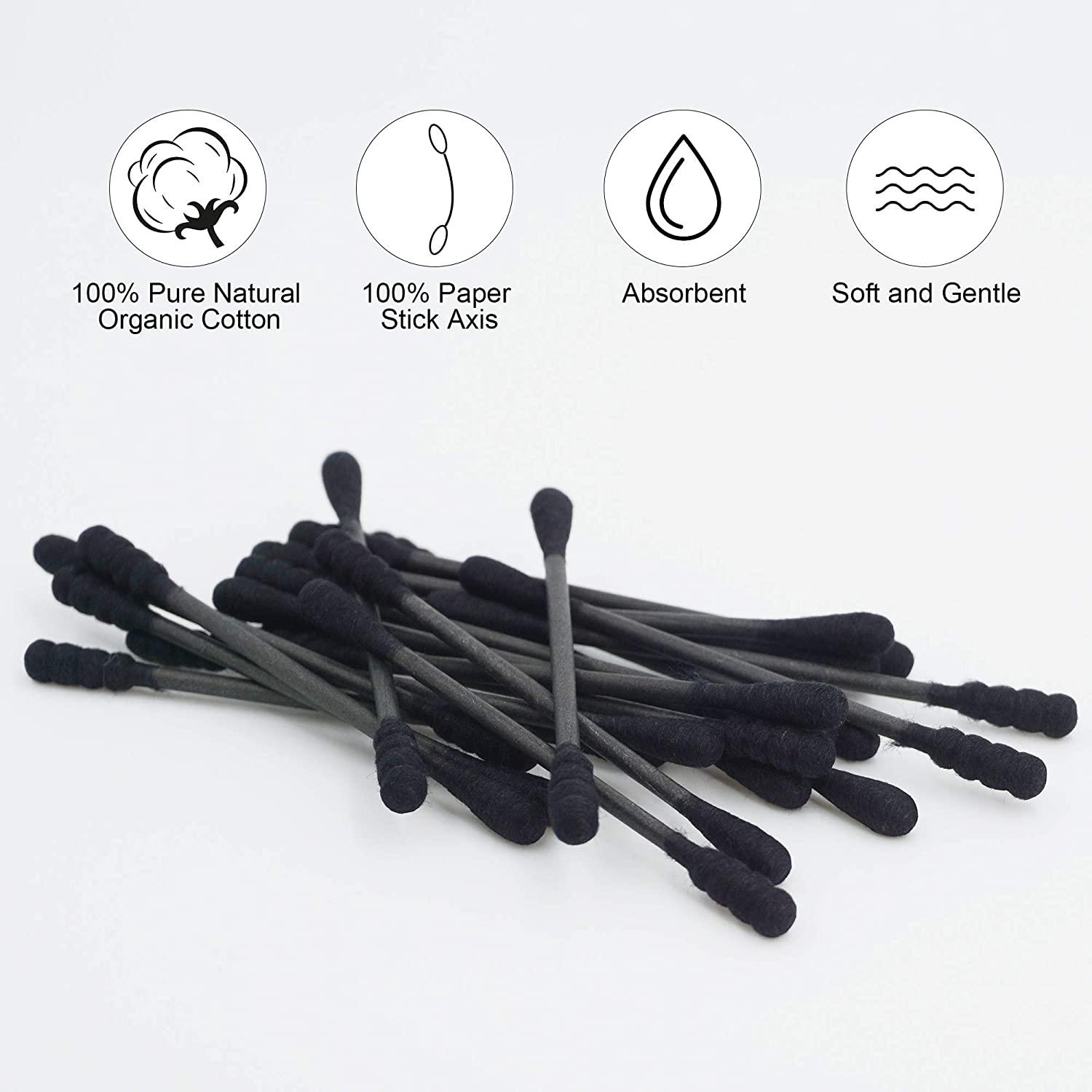 HOMEFOX Black Cotton Swabs Spiral 200 Count Organic Cotton Buds