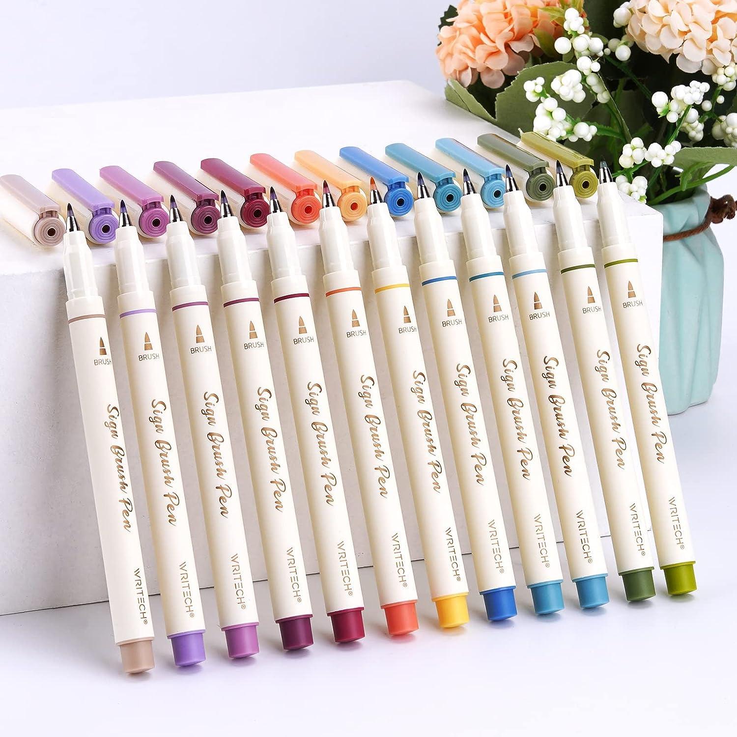 WRITECH Lettering Brush Markers Highlighters: Sign Brush Pens Assorted Color Highlighter Liquid Fineliner Pen Multicolor Ink Dual Tip Brush Marker