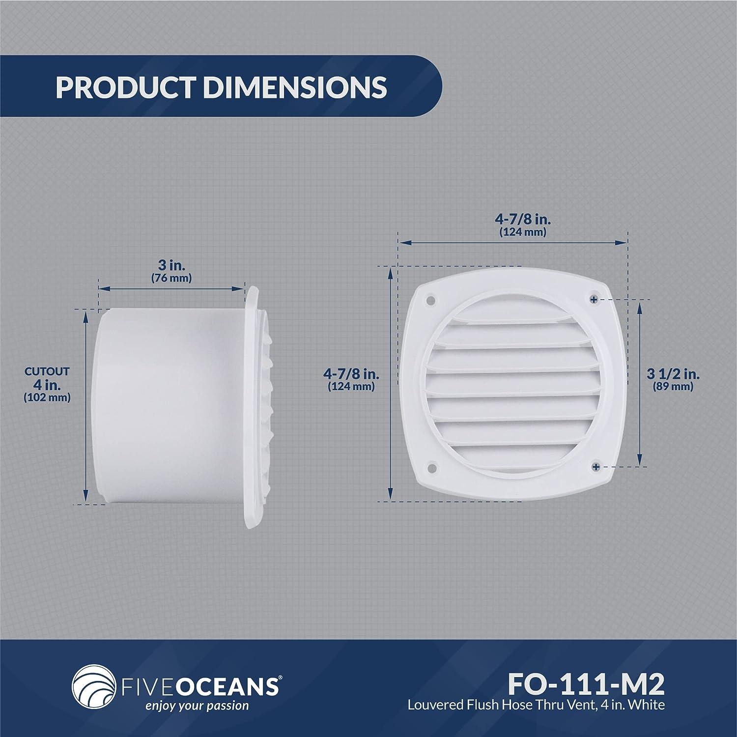 Five Oceans FO111-M2 Louvered Flush Hose Thru Vent, Cutout of 4 in (102mm)  of Diameter, White, Injection-Molded ABS Plastic, 6 Slots, Easy
