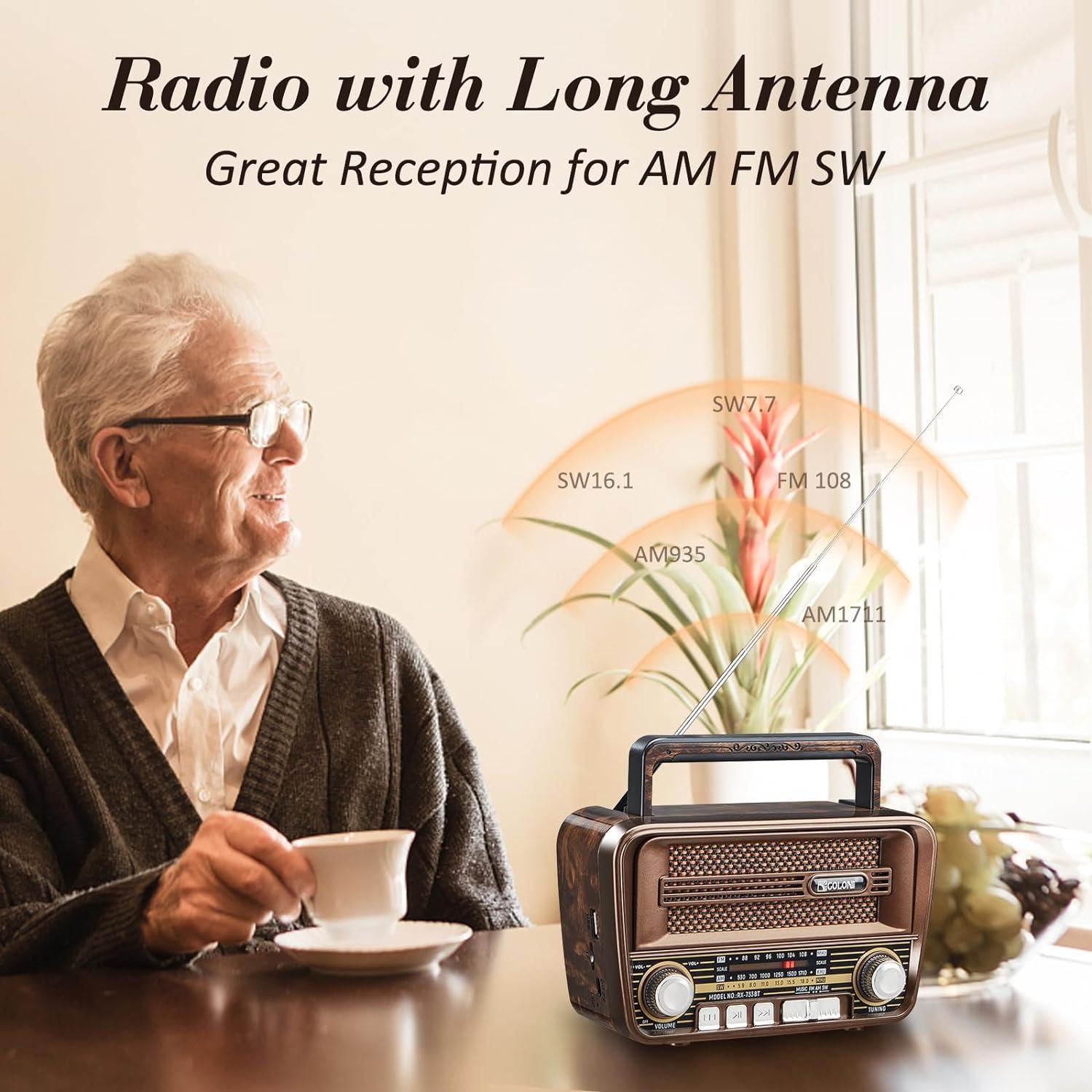 AM FM Retro Radio Portable Vintage Shortwave Radio with Bluetooth Speaker