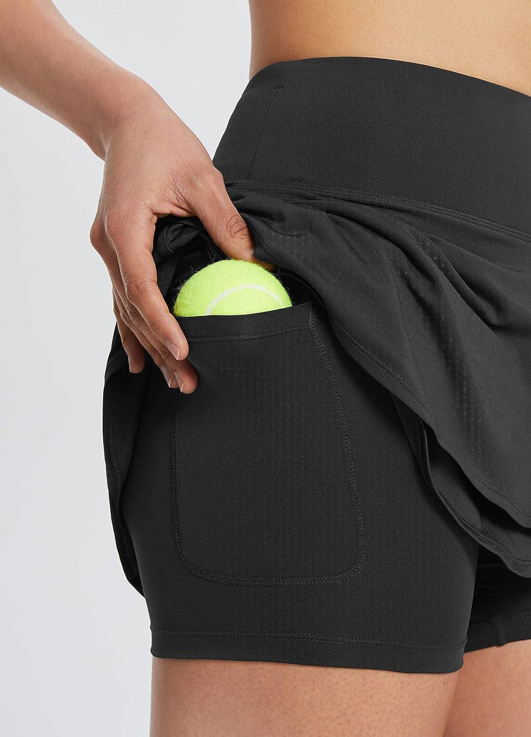 BALEAF Women's Pleated Tennis Skirts Layered Ruffle Mini Skirts with Shorts  for Running Workout Black Medium