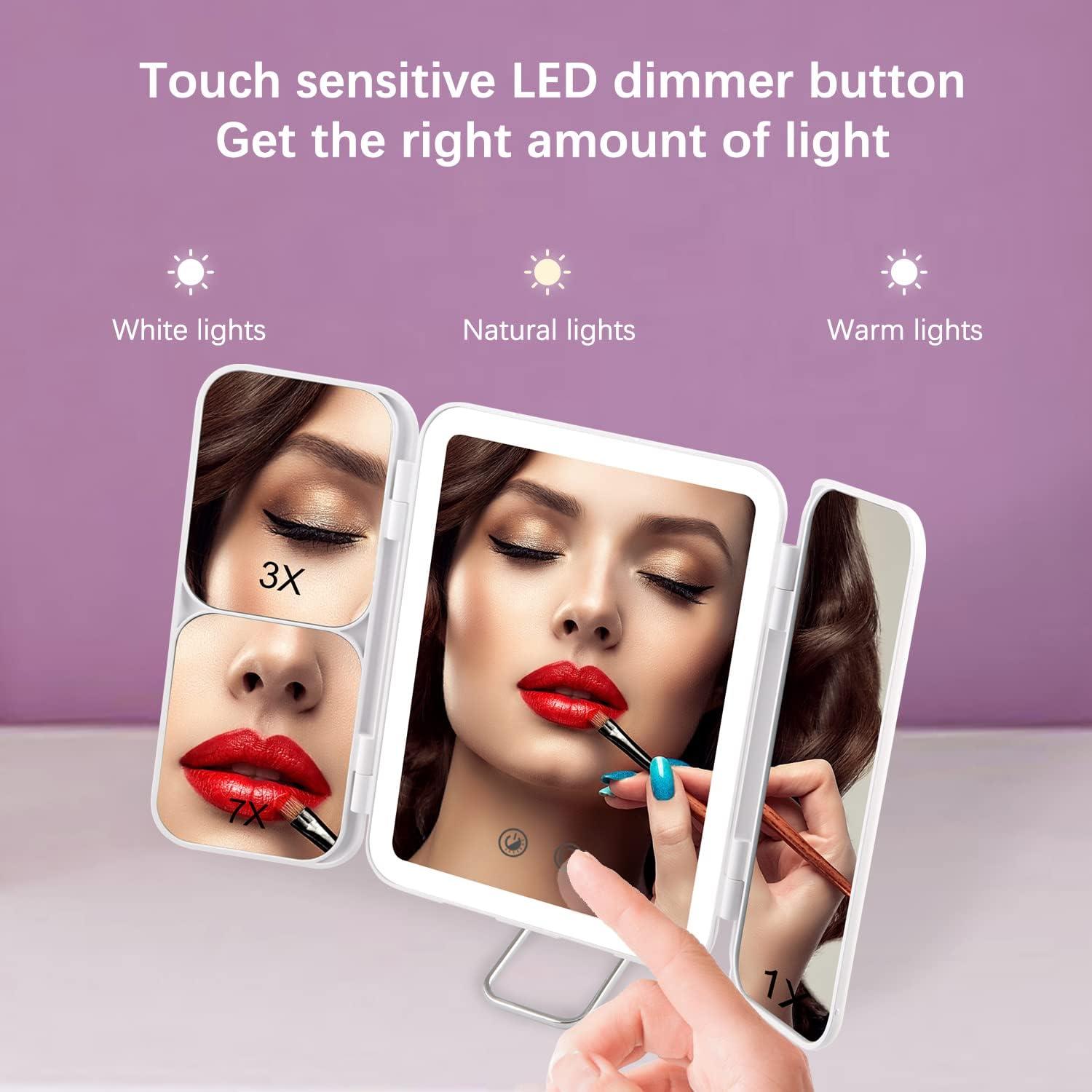 World Backyard Travel Mirror Mini Trifold Lighted Makeup Mirror with 3  Colors Light Modes USB Rechargable Portable Ultra Thin Compact Vanity  Mirror with Touch Screen Dimming for Cosmetic White