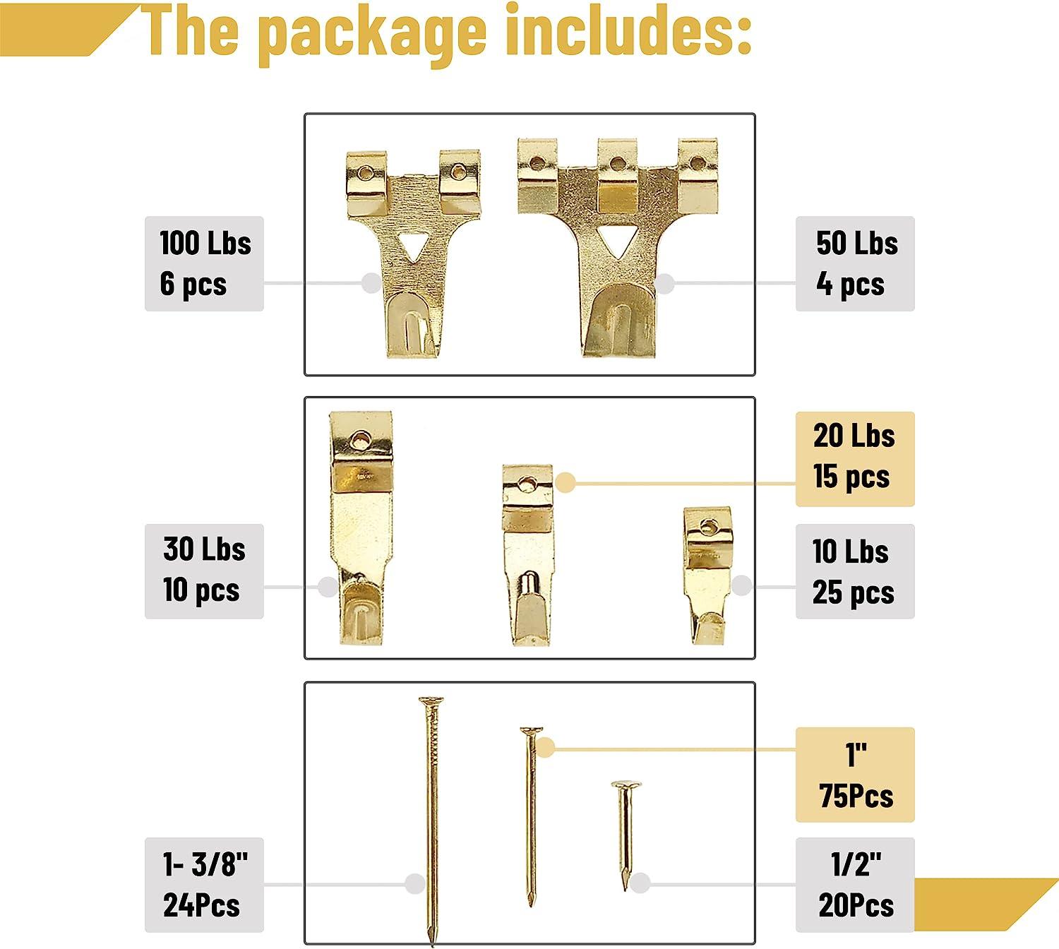 100 lb Picture Hangers, Picture Hooks for Hanging Pictures, 20Pcs Frame  Hooks Picture Hangers Heavy Duty Hardware Hanger Kit Wooden Wall Painting