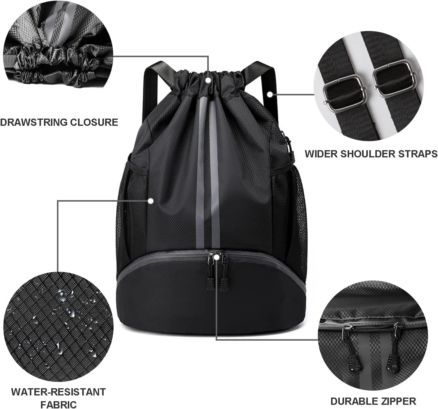 Qoosea Drawstring Backpack Sports Gym Sackpack with Side Mesh Pockets Shoe  Compartment Water Resistant String Bag for Women Men (Black)