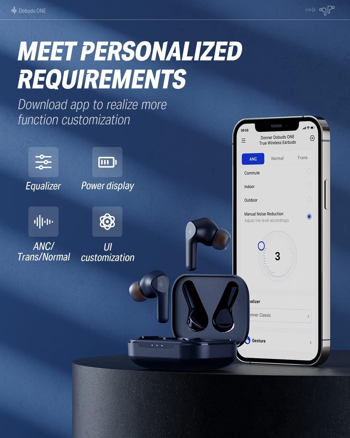 Donner Wireless Earbuds Noise Cancelling Bluetooth 5.2 Earphones with ENC  for Clear Calls 12mm Drivers & Balanced Armature App for Custom EQ 32H  Playtime Fast Charging - Dobuds ONE Blue