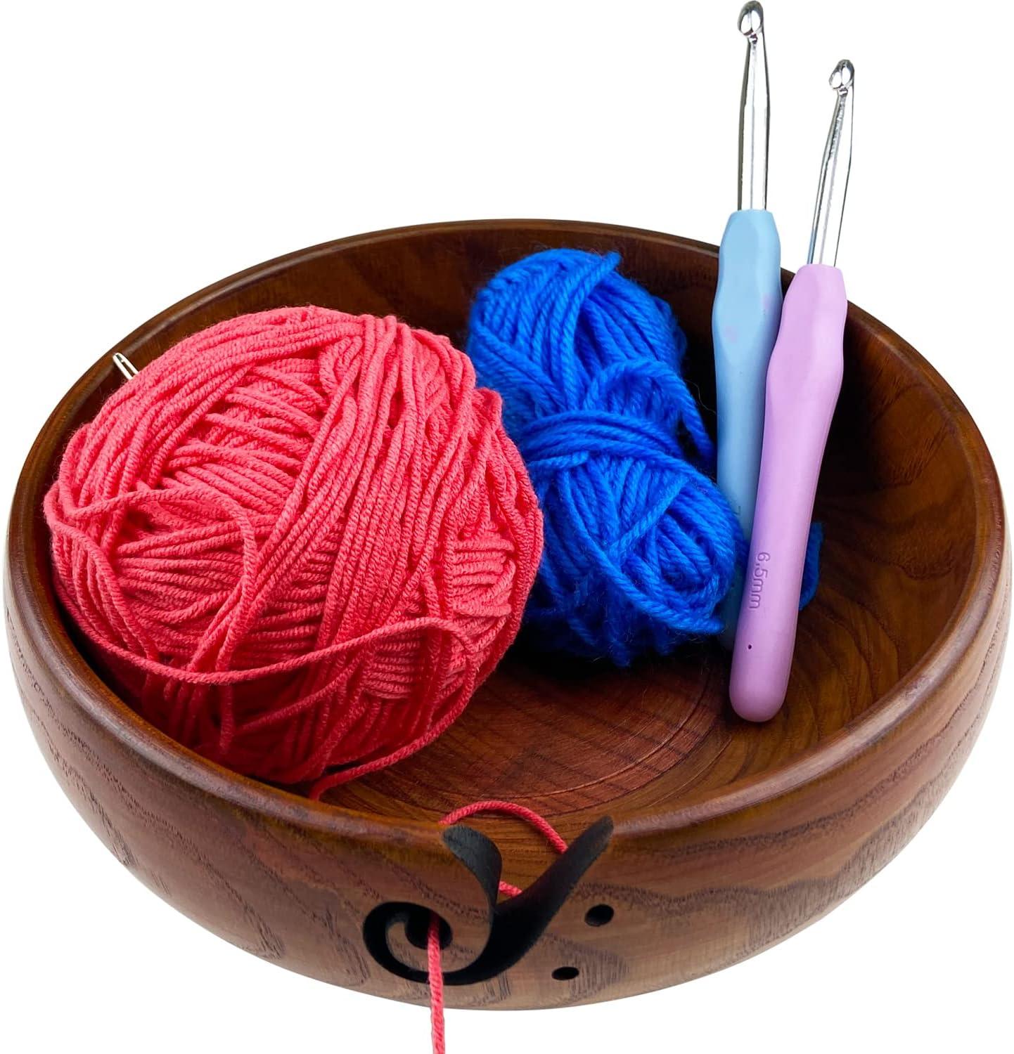 Wenqik 2 Pieces Wooden Yarn Bowl 5.9'' x 3'' and 6.7'' x 3'' Knitting Yarn  Bowl with Holes Yarn Holder Yarn Basket Crocheting Accessories Kit