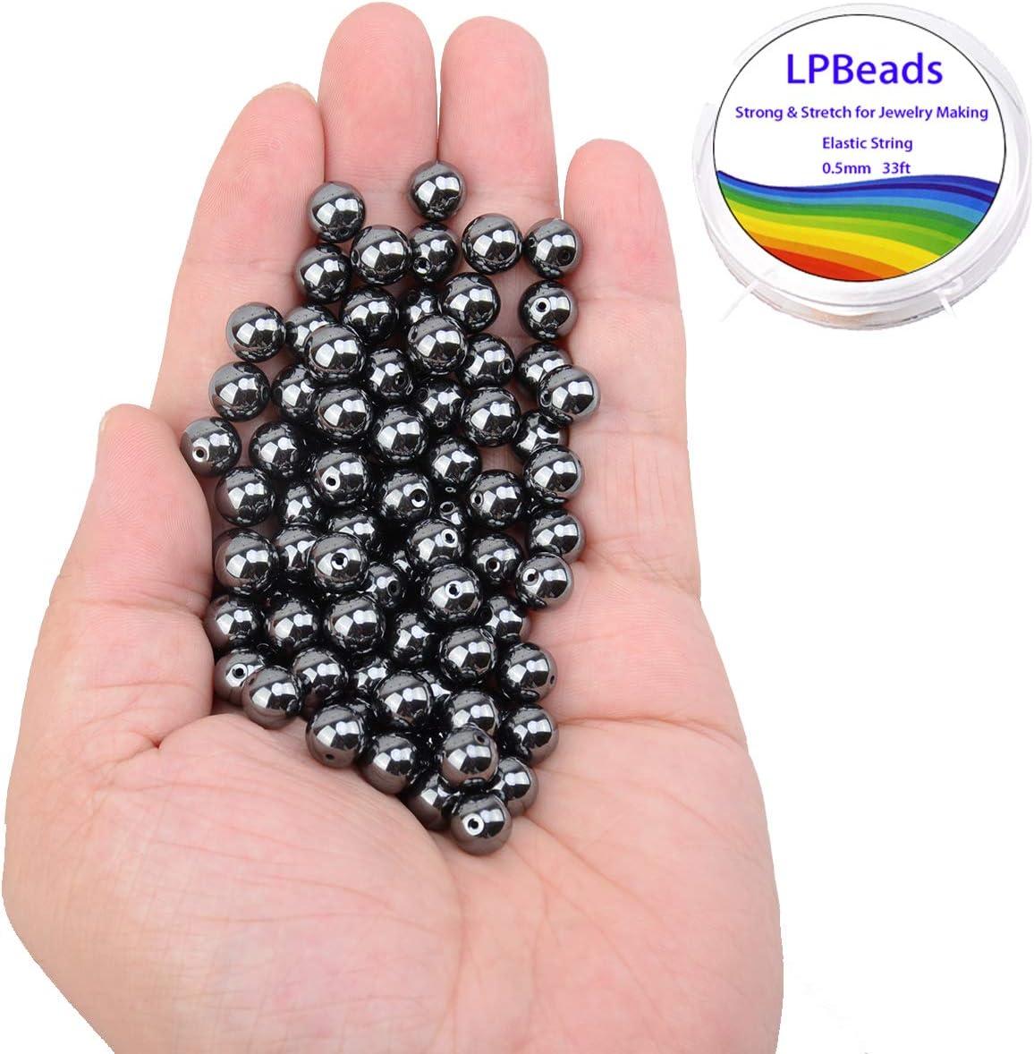 LPBeads 100pcs 8mm Natural Hematite Beads Gemstone Round Loose Beads for Jewelry Making with Crystal Stretch Cord