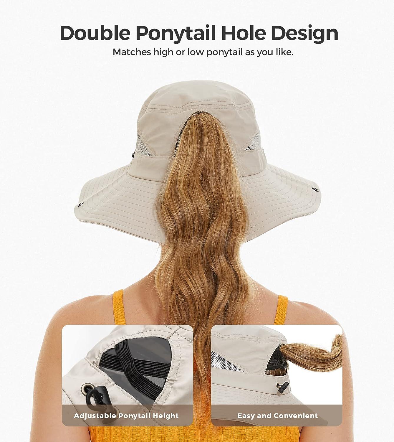 Sun Hat with Ponytail Hole for Women,Sun UV Protection UPF50+ Waterproof Beach  Bucket Safari Hiking Hat for Women Beige