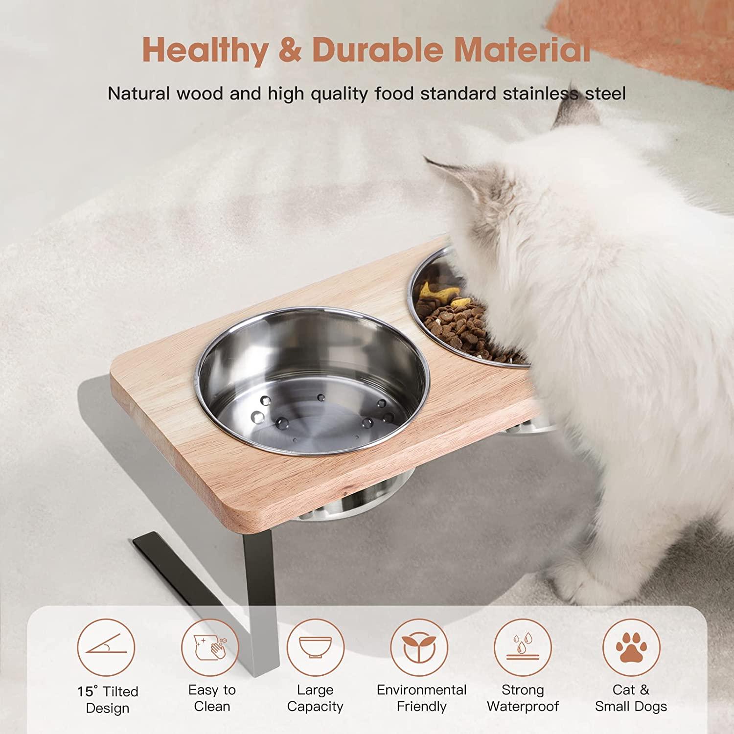Raised Cat Bowls With Wooden Feeder Stand, Elevated 2 Stainless Steel Cat  Food Bowl Water Basin For Indoor Cats