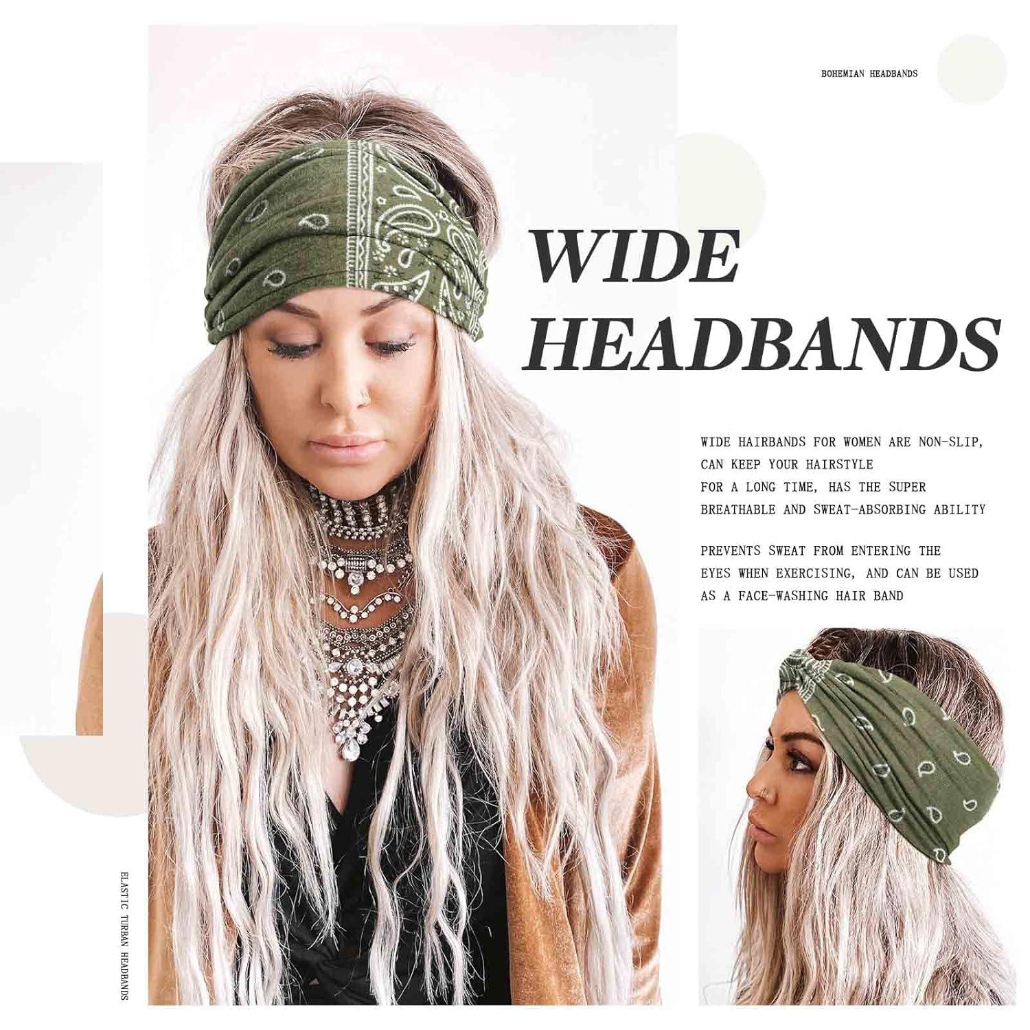 YBSHIN Boho Wide Headbands Stripe Head Wraps Knoted Hair Wears Turban Yoga  Sweatbands Elastic Floral Printed Head Scarfs Stretch Cloth Hair Bands for