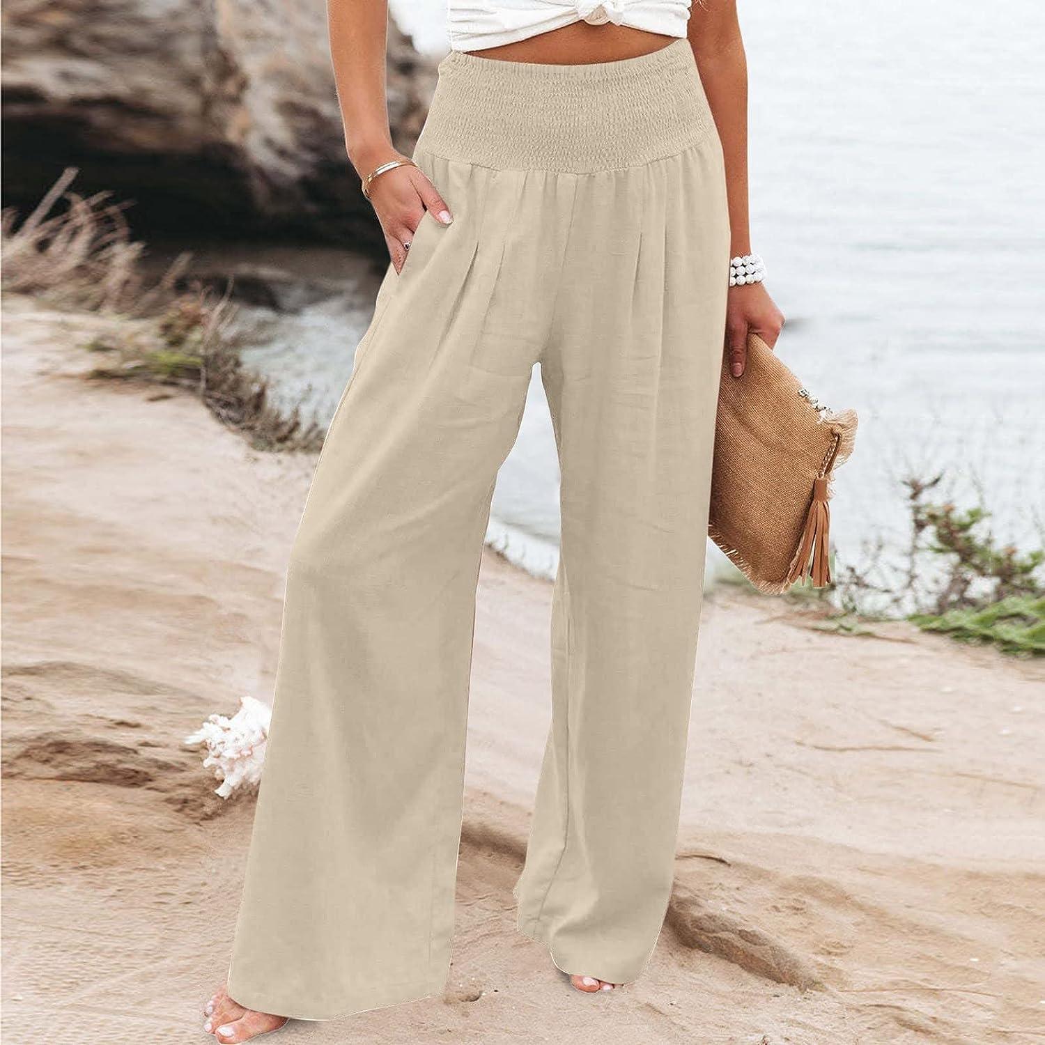 Women Cotton Linen Pants Casual Comfy Button Elastic Waist Beach Trousers  Loose Straight Leg Crop Pants with Pockets