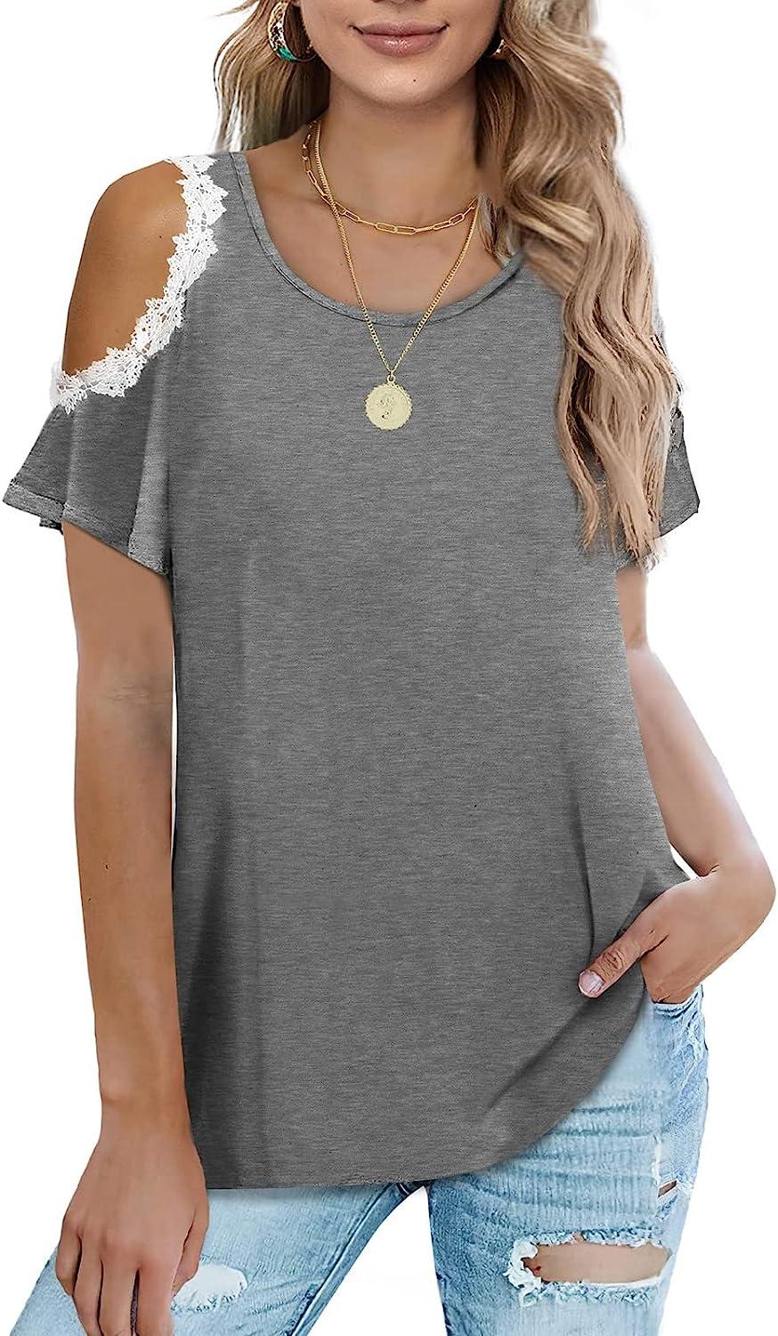 Women'S Tops On Clearance Women Casual Printing Round-Neck Lace Hollow Out  Short Sleeve Pullover Slimming Blouse T-Shirt Tops Gray M 