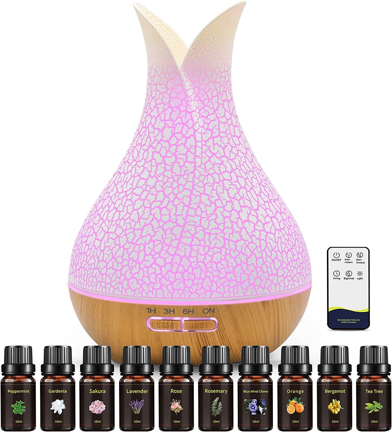 Ultimate Aromatherapy Diffuser & Essential Oil Set - Ultrasonic Diffuser & Top 10 Essential Oils - Modern Diffuser with 4 Timer & 7 Ambient Light