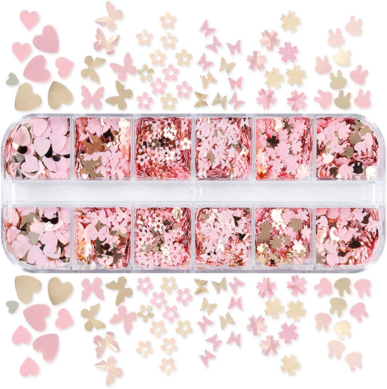 KACHIMOO Nail Glitter Sequins,12 Grids Gold Pink Nail Glitter