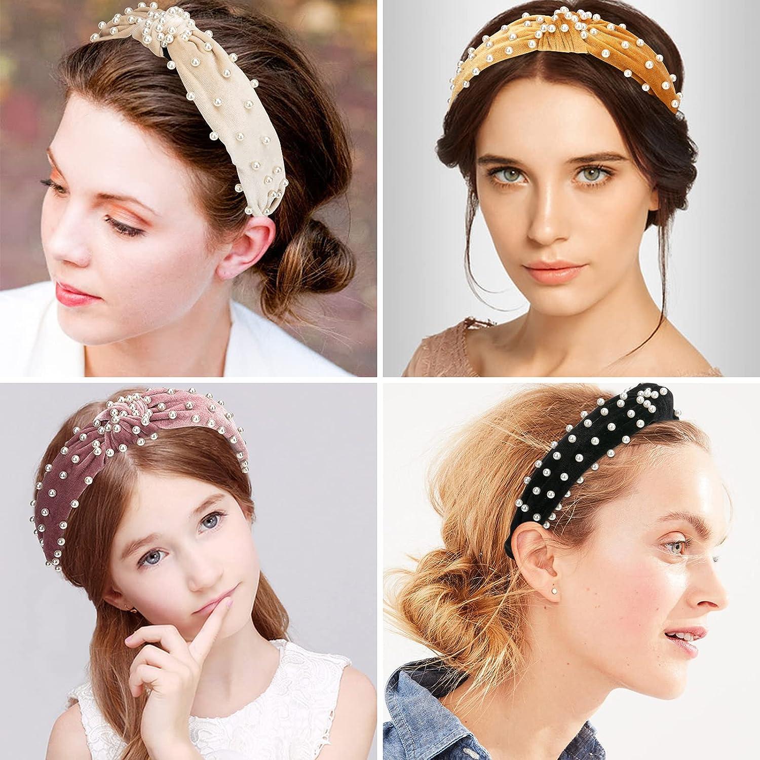 Mehayi 4 PCS Velvet Wide Headbands with Faux Pearl Knot Turban Elastic  Hairband Hair Hoops Fashion Hair Accessories for Women Girl Ladies Yoga