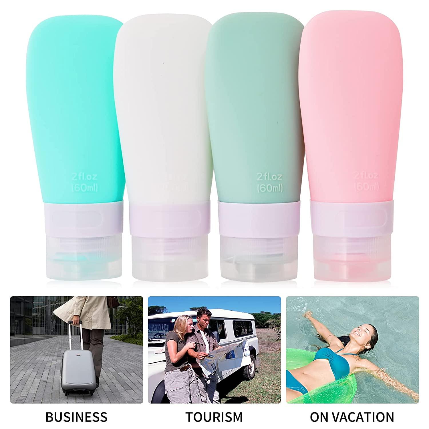 Silicone Travel Bottles 90 ml Set, Gemice 4 Pieces Leak-Proof Travel Container and Travel Toiletries Set, FDA Approved Refillable Liquid Container for