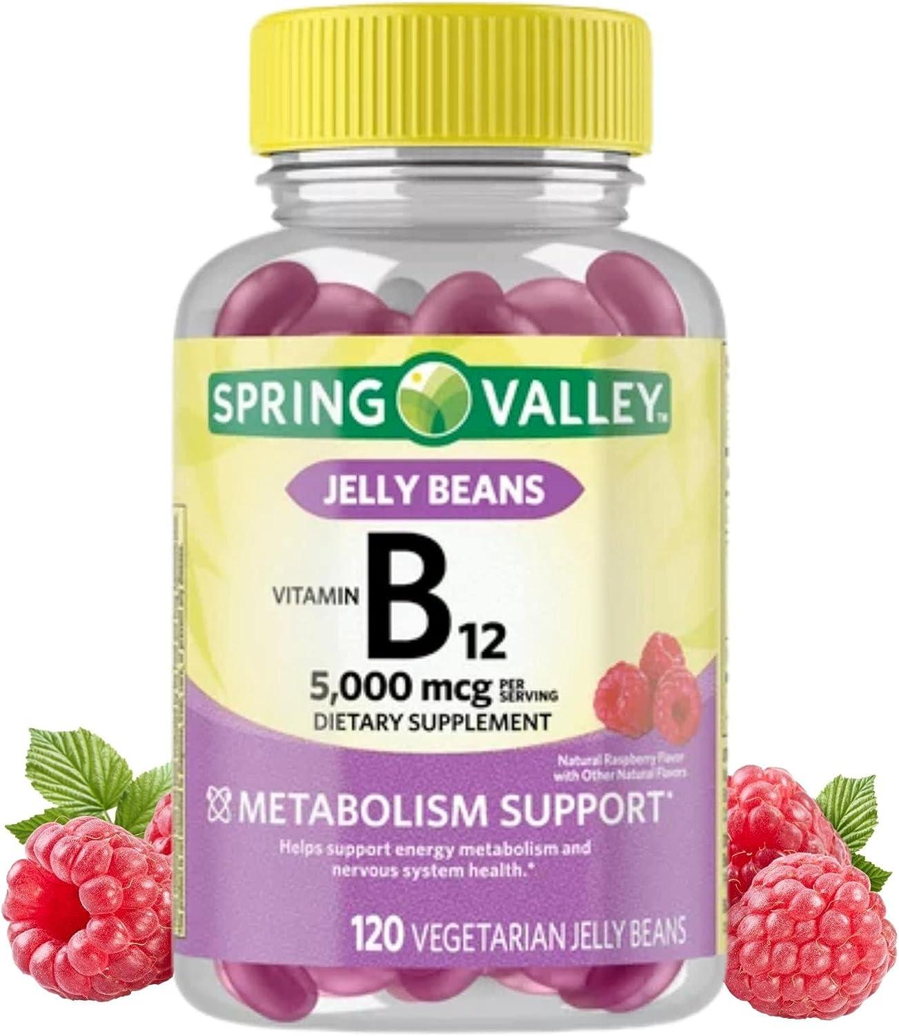 B12 Vitamins 5000 mcg Spring Valley 120 Jelly Beans (1 Pack) Support Energy  Production Set with Fusion Shop Store Week case (1)