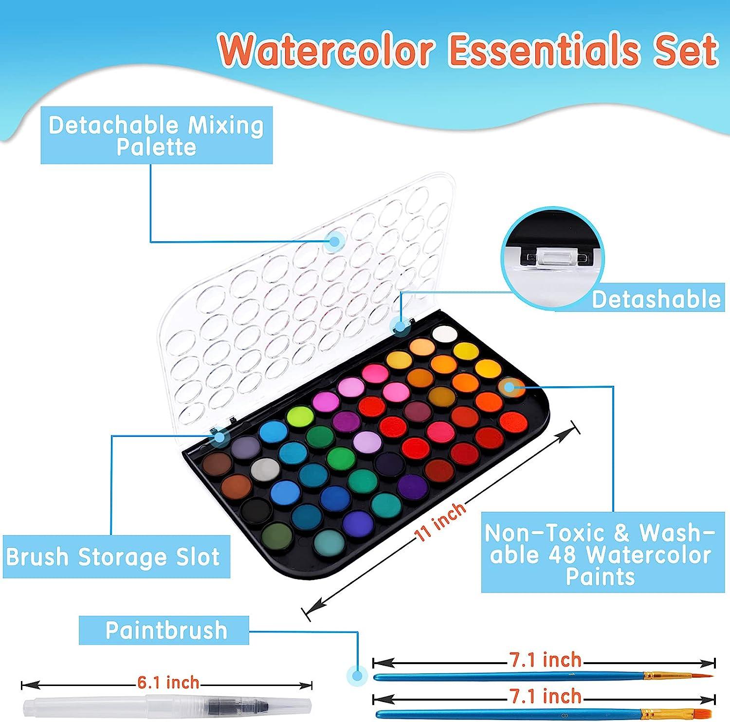 Watercolor Paint Set, 48 Colors of Premium Quality, Washable, Non Toxic,  Water color with Detachable Mixing Palette and 3 Paint Brushes, Great for