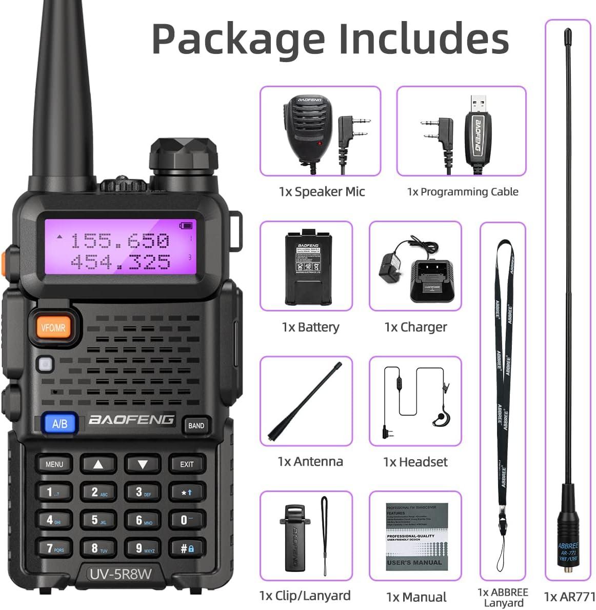 Baofeng UV-5R Ham Radio Handheld Rechargeable Two Way Radios Long Range  Portable Radio with Extra AR-771 Antenna Speaker Microphone Programming