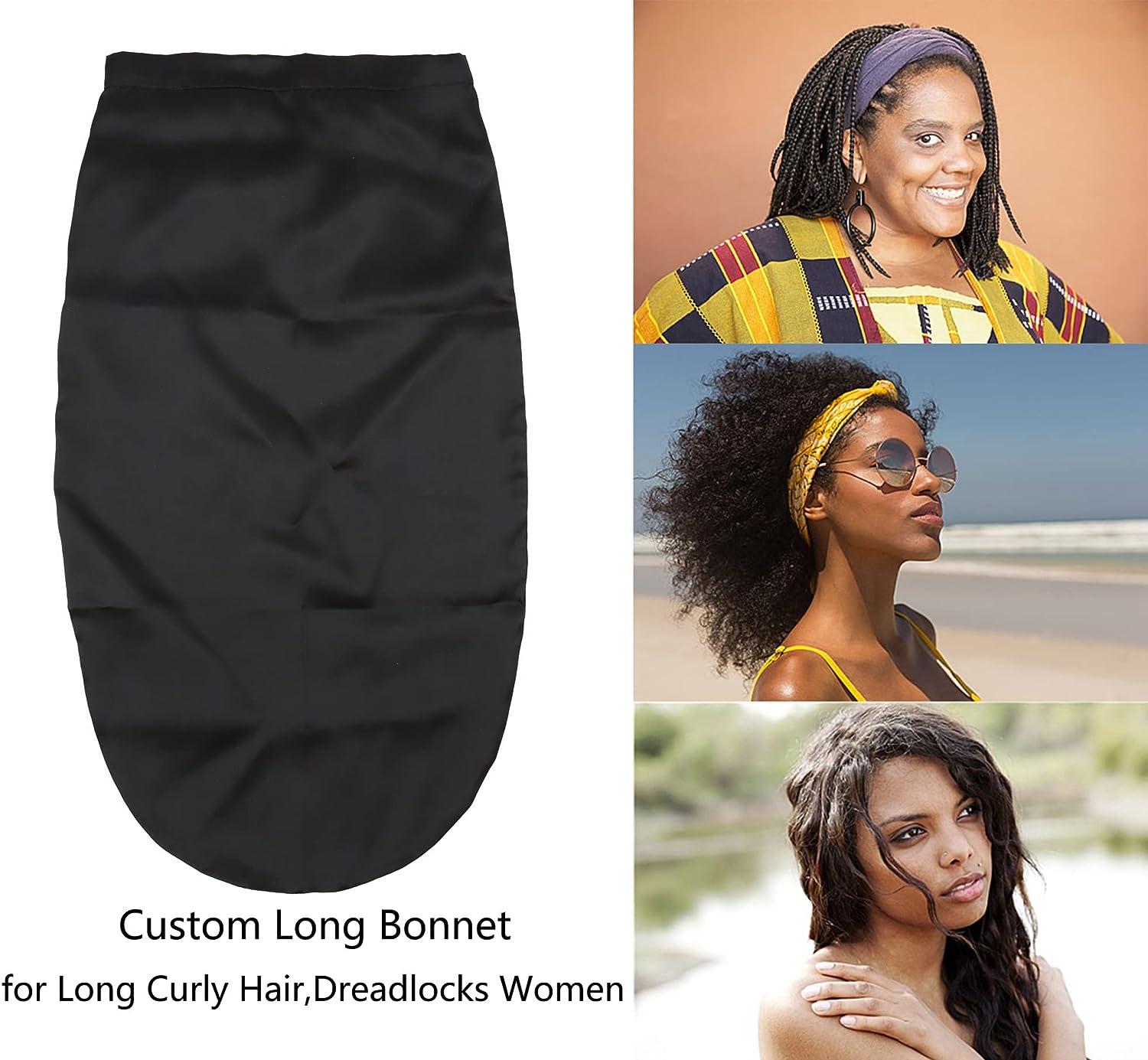 SAYMRE Long Silk Bonnet-100% Mulberry Silk Sleep Cap Elastic Band  Adjustable Silk Satin Wrap for Women Curly Hair Dreadlocks Black