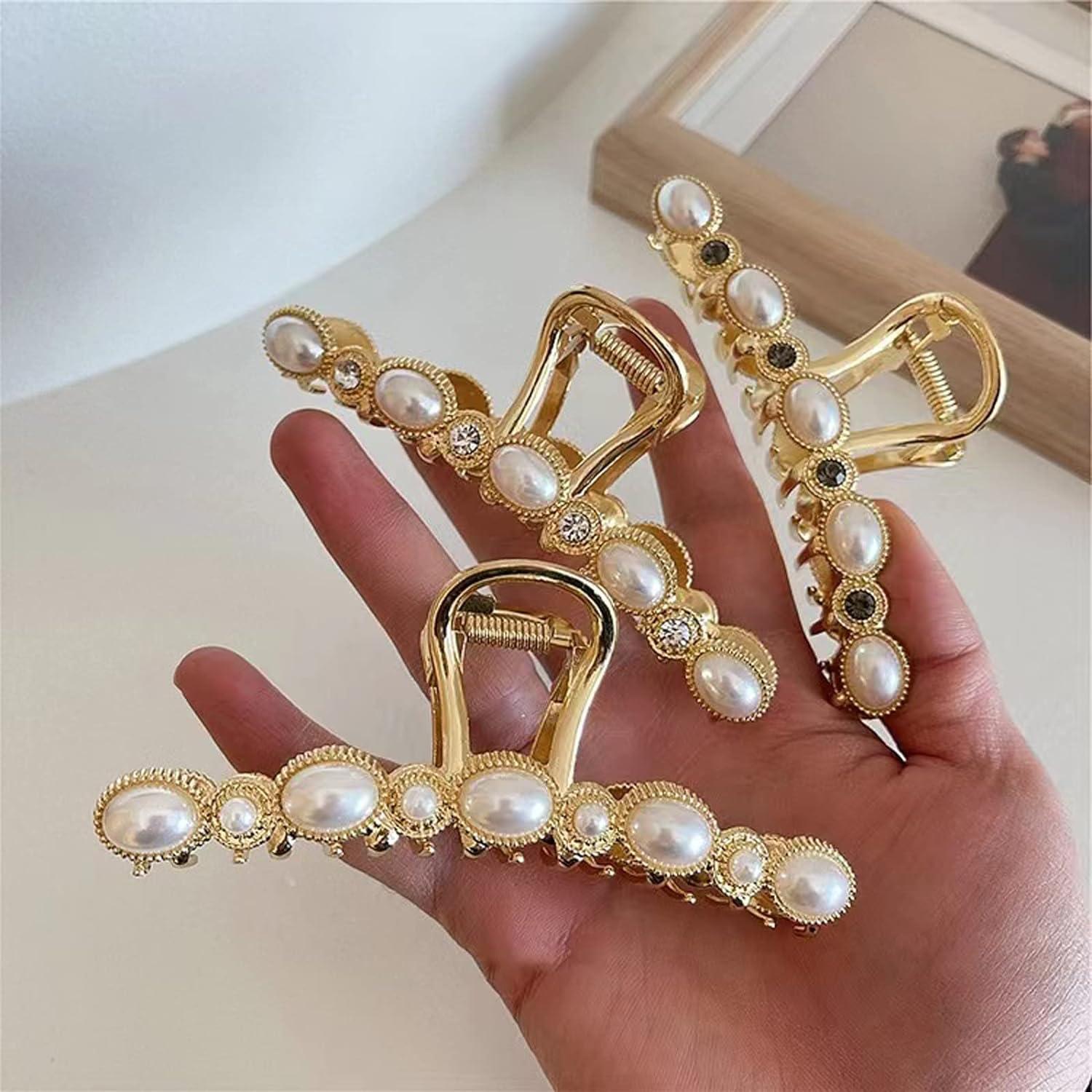 Agirlvct Big Pearl Hair Claw Clip,4.33 inch Big Hair Claw Clips for Women,7  Pearls Barrettes Birthday Gift for Girls Daughter Girlfriend Thick Curly  Hair Strong Hold Nonslip(3 Pcs) Style 3