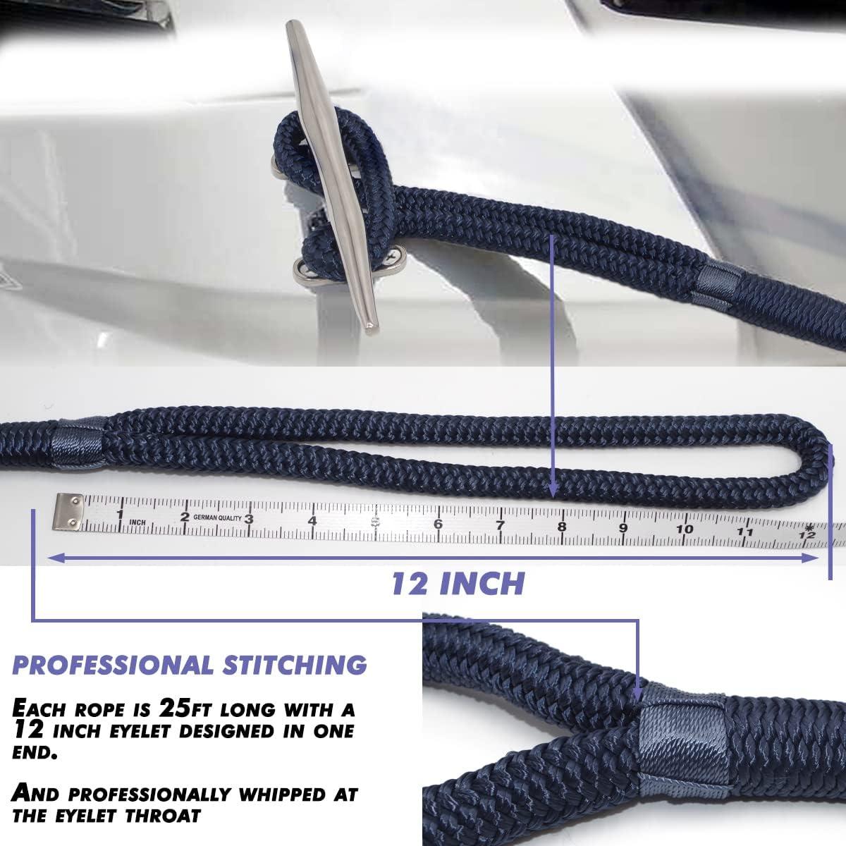 INNOCEDEAR 2 Pack Premium Navy Blue Dock Lines - 15' / 25'/35' with  Eyelet.Double Braided Nylon Dock Line/Mooring Lines.Hi-Performance Marine  Boats Ropes Navy blue-25ft
