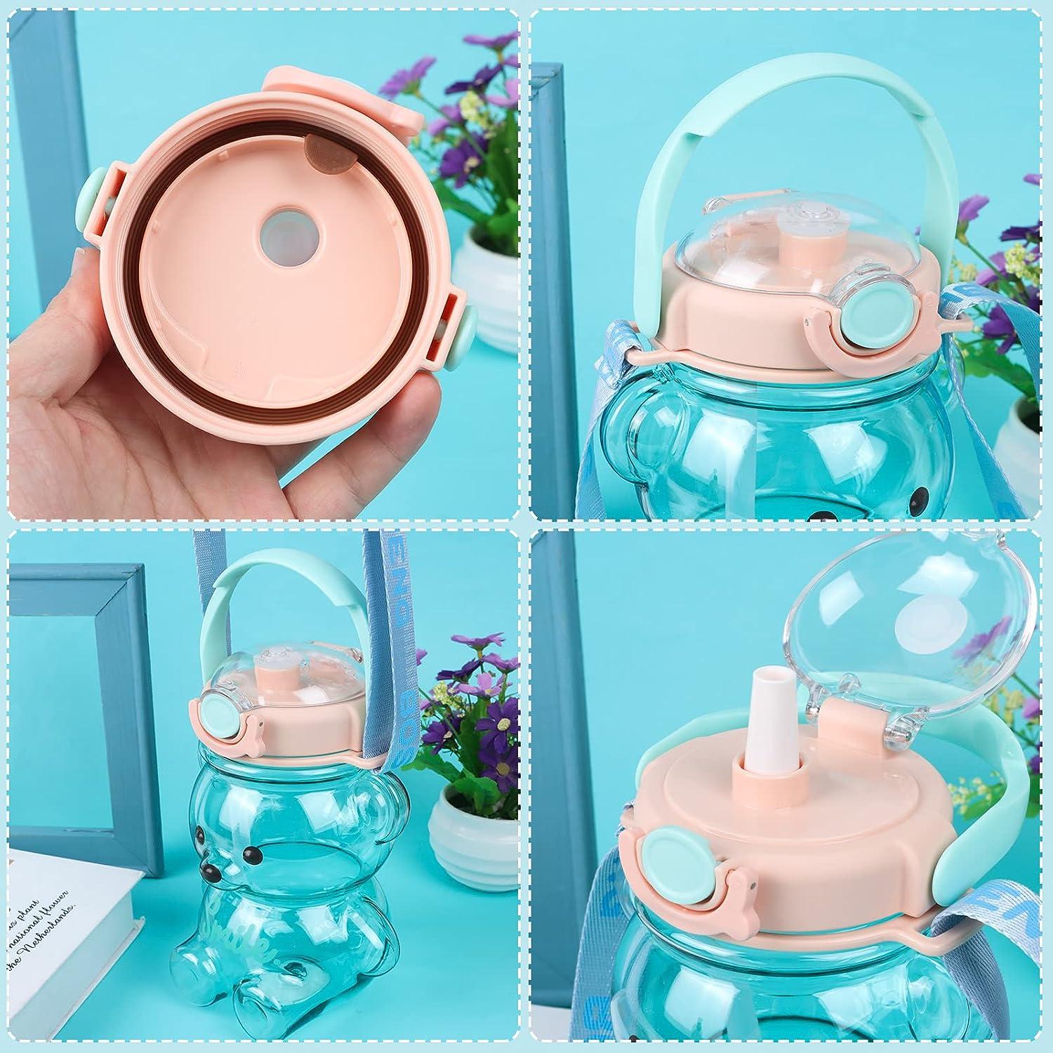 Kawaii Bear Straw Bottle Large capacity bear water bottle with Strap and  Straw Cute Portable Bear shaped water Bottle Adjustable Removable Strap for  outdoor and school activities(blue)