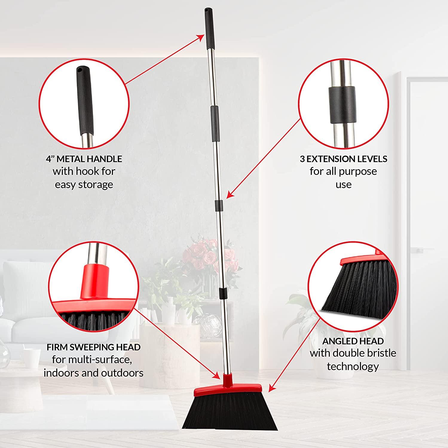 Kphico Heavy Duty Broom,Outdoor/Indoor Commercial Broom,Household Angle  Broom with 56 Extendable Long Handle,Perfect for Courtyard Garage Lobby  Mall