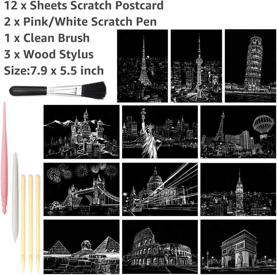 Rainbow Scratch Art Painting Paper (A4) for Kids & Adults, Night View Scratchboard, Art & Craft, Engraving Art Set: 4 Sheets Scratch Cards & Drawing