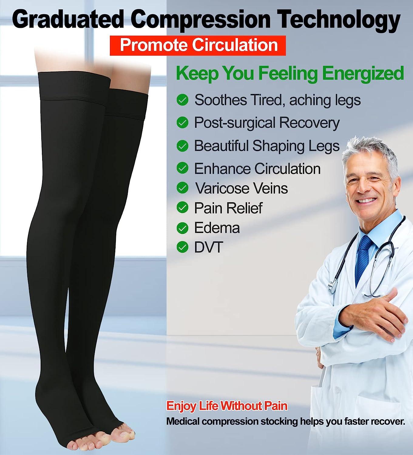 Dr. San Thigh High Compression Stockings, Open Toe, Pair, Firm Support  20-30mmHg Gradient Compression Socks with Silicone Band, Unisex, Opaque,  Spider & Varicose Veins, Edema, Swelling Large 2 Pack 