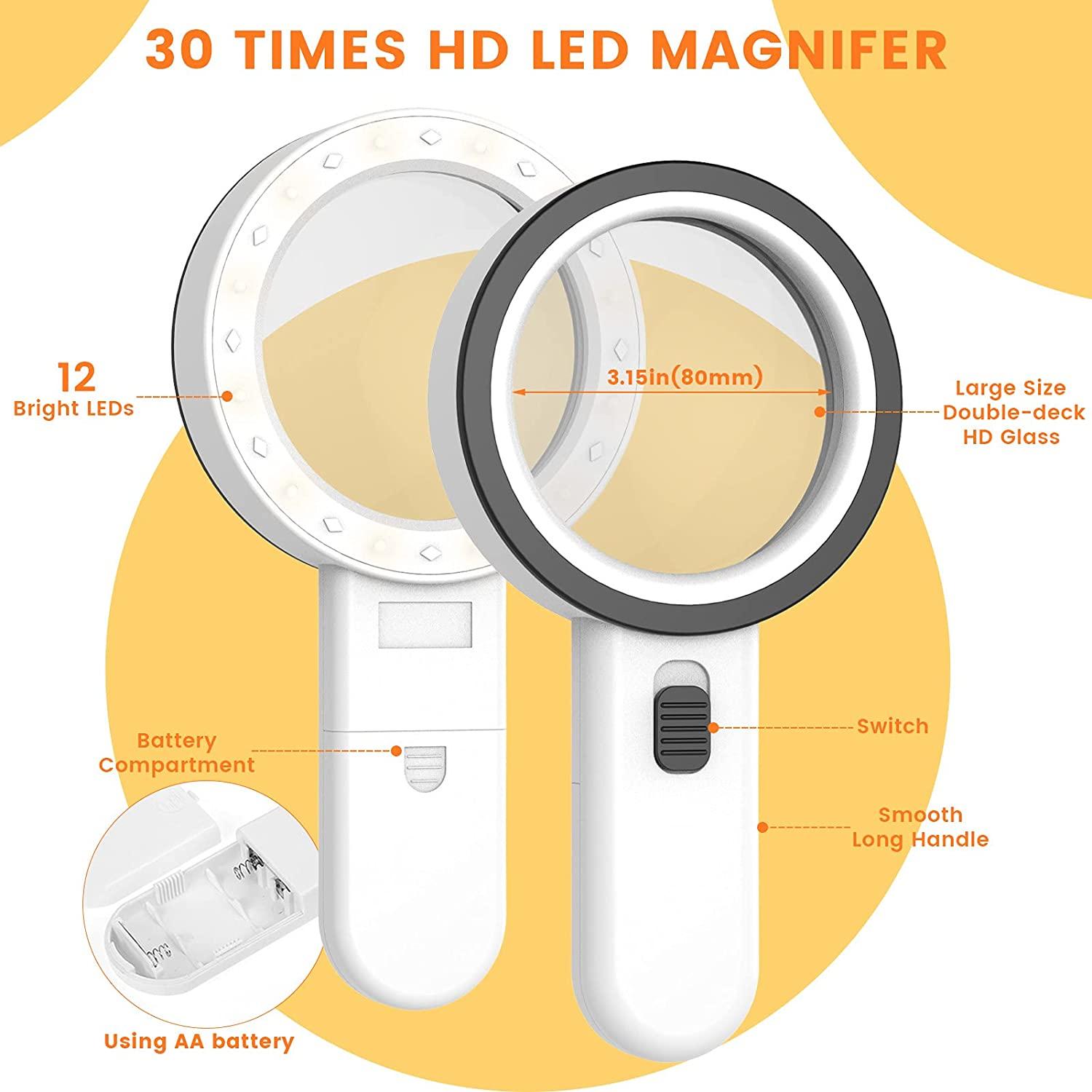 Pompotops 10 X Handheld Illuminated Magnifying Glass 12 Led Lights Seniors  Magnifying Lens