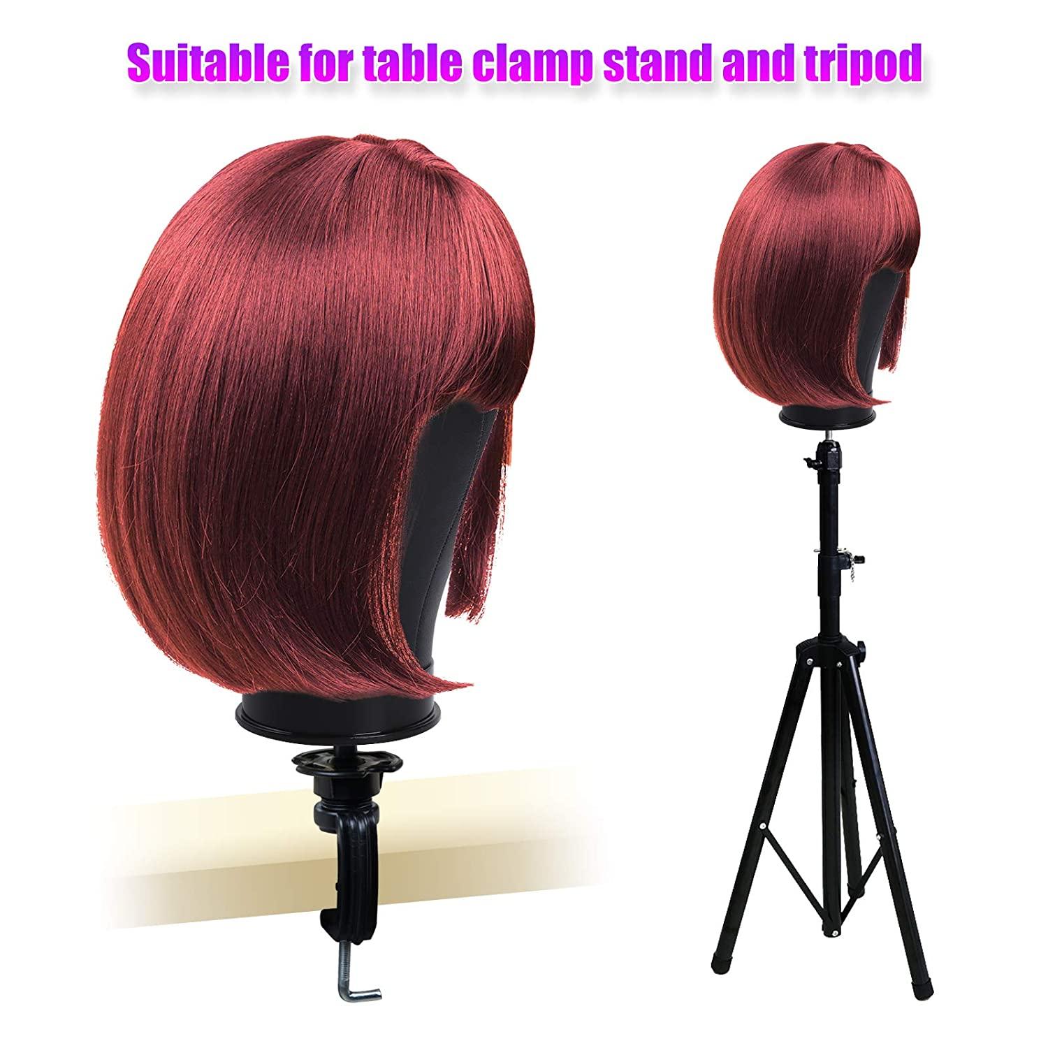 22 Inch Leather Wig Canvas Block Mannequin Head with Stand for Wigs Making  Display Styling Canvas Head with Table C Stand Clamp Holder(Black Leather)  22 Inch Black Leather