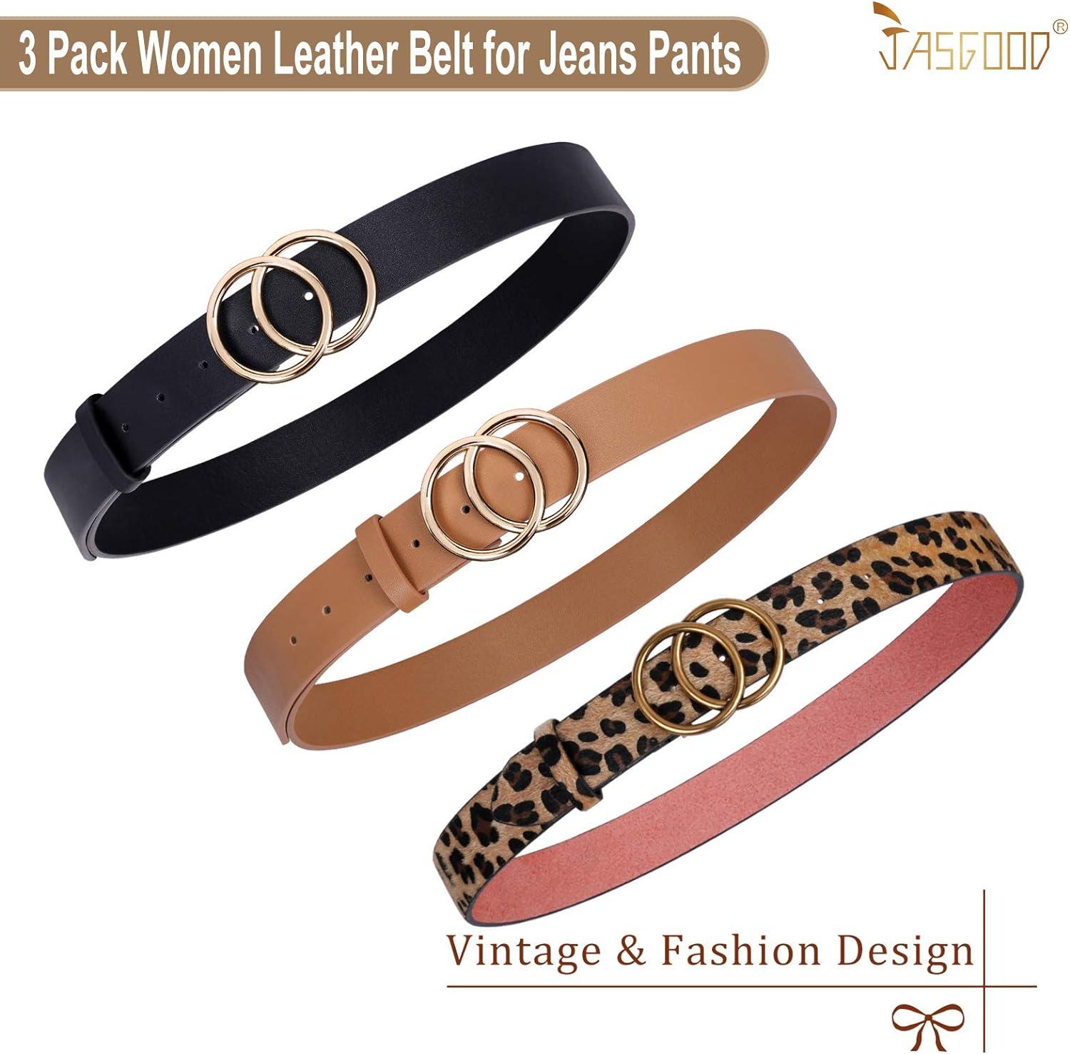JASGOOD Womens Leopard Leather Waist Belt For Dress/Jeans Double Buckle  Gold