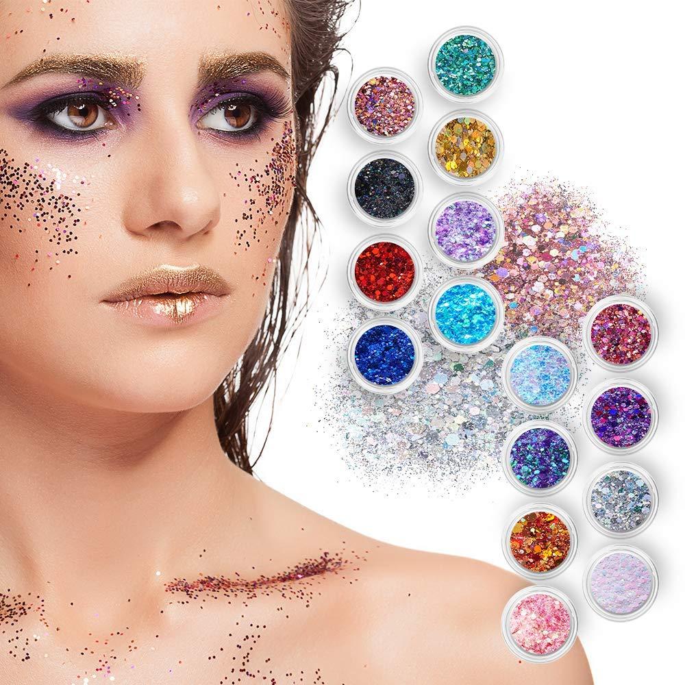 Chunky Holographic Body Glitter I 16 Colors + Glitter Glue for Face Glitter  Makeup, Hair, Eye & Fine Glitter Eyeshadow - Perfect for Halloween, Slime
