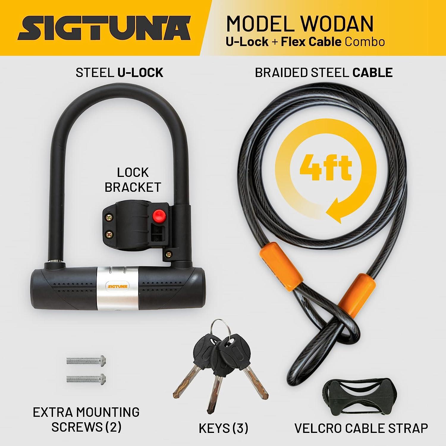 SIGTUNA Bike Lock with Bicycle Lock Mount Holder, High Security Bike Locks,  16mm Heavy Duty U-Lock Shackle and 1200mm Steel Chain Cable Bike Locks Plus  3 Keys 