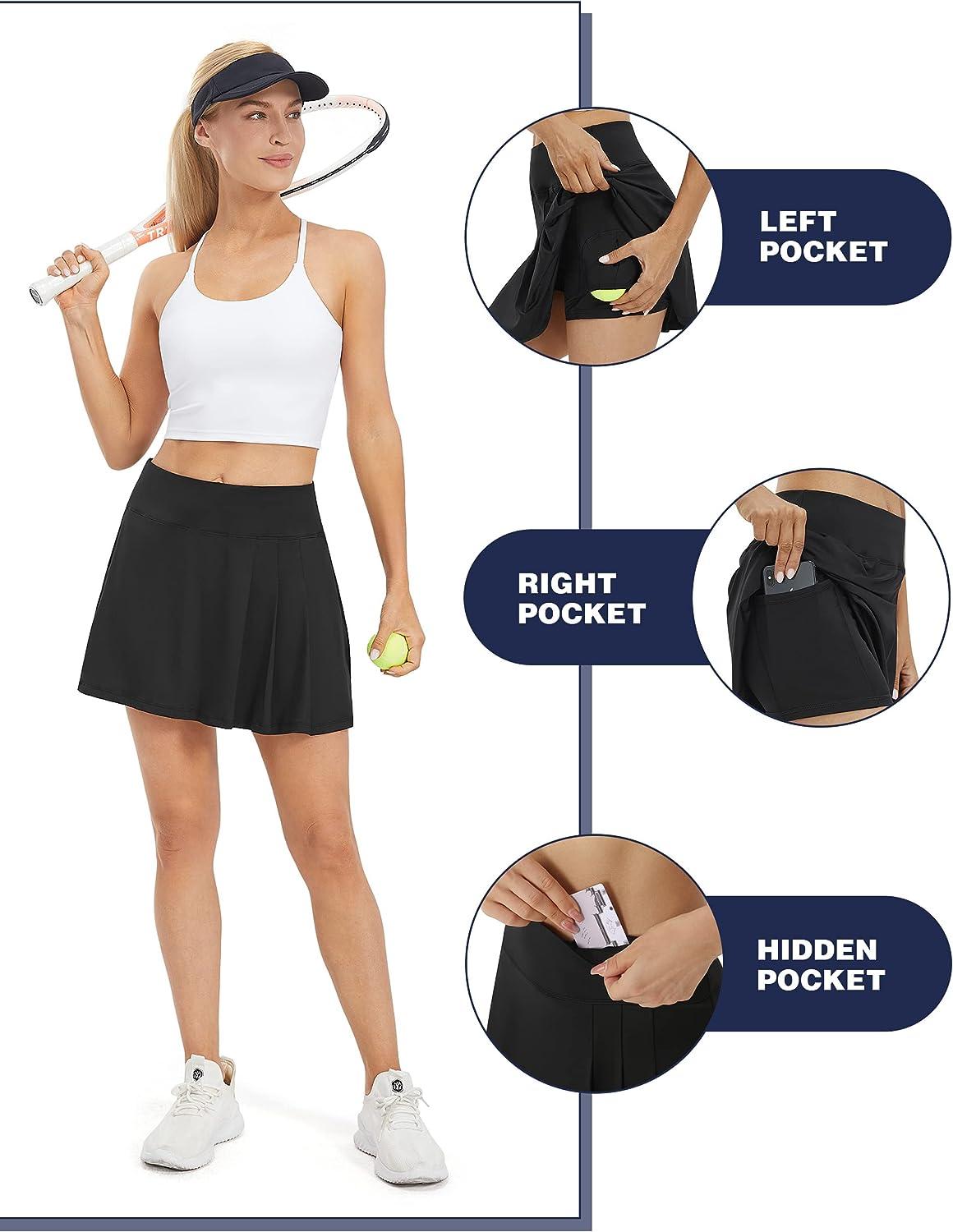 PERSIT Women's High Waisted Pleated Tennis Skirts Golf Running Workout  Athletic Skorts with Pockets and Shorts Large Black