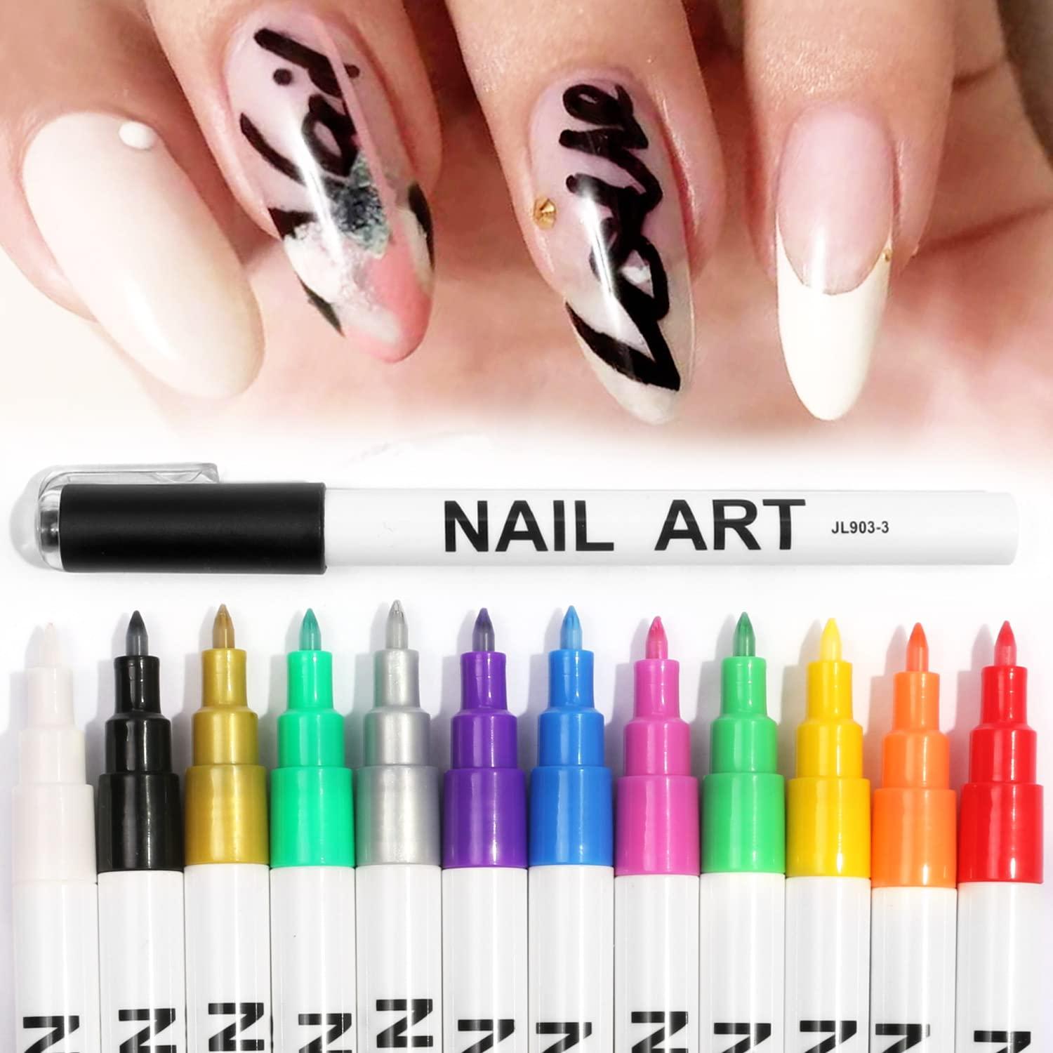 12 Color Fluorescent 3D Nail Art Pens Set, Kalolary Nail Point Graffiti Dotting Pen Drawing Painting Liner Brush for DIY Nail Art Beauty Adorn