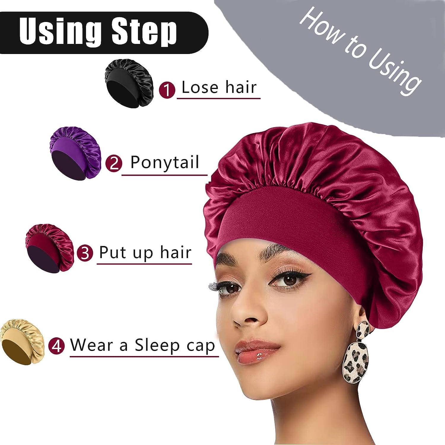 4PCS Silk Bonnet for Sleeping Hair Wrap Satin Bonnets Shower Cap for Black  Women Men Elastic Wide Band Hair Bonnet Cap for Sleeping Curly Hair(Black &  Wine Red & Purple & Brown)