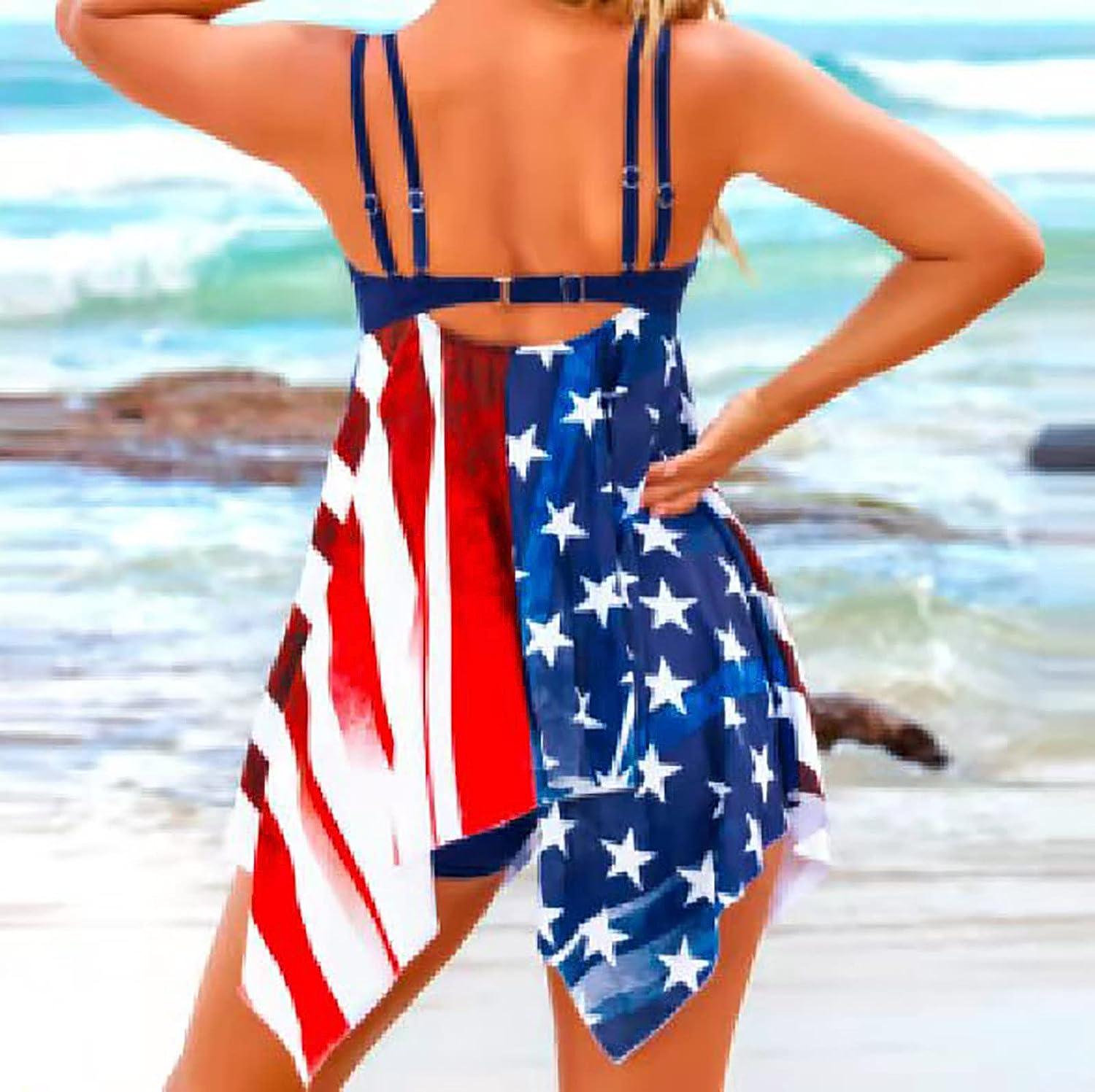 Tie Dye Tankini Swimsuits for Womens American Flag Bathing Suit Star  Striped Flowy Swimdress with Boy Shorts Swimwear A1-blue Small