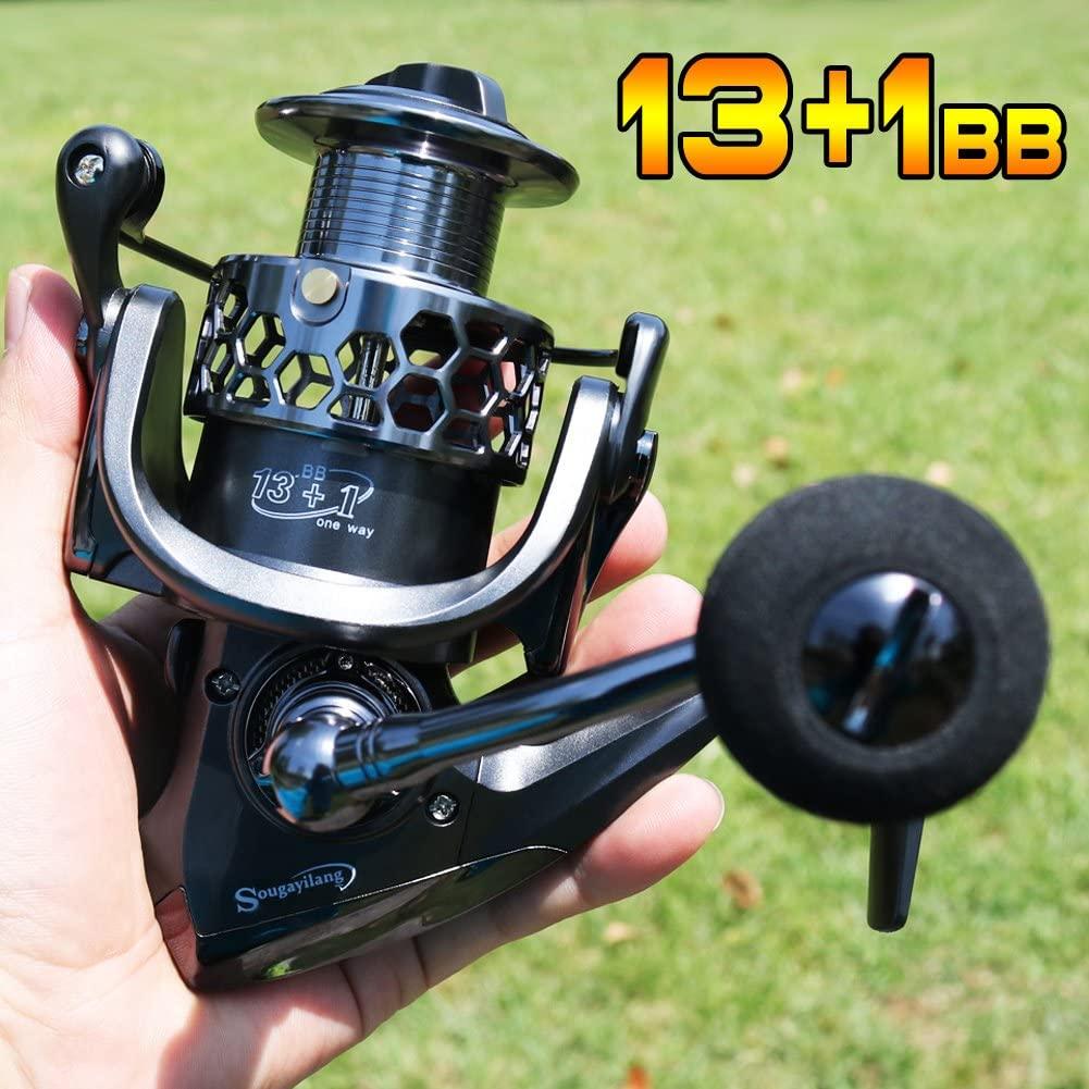 Sougayilang Fishing Reel 13+1BB Light Weight Ultra Smooth Aluminum Spinning  Fishing Reel with Free Spare Graphite Spool XY2000
