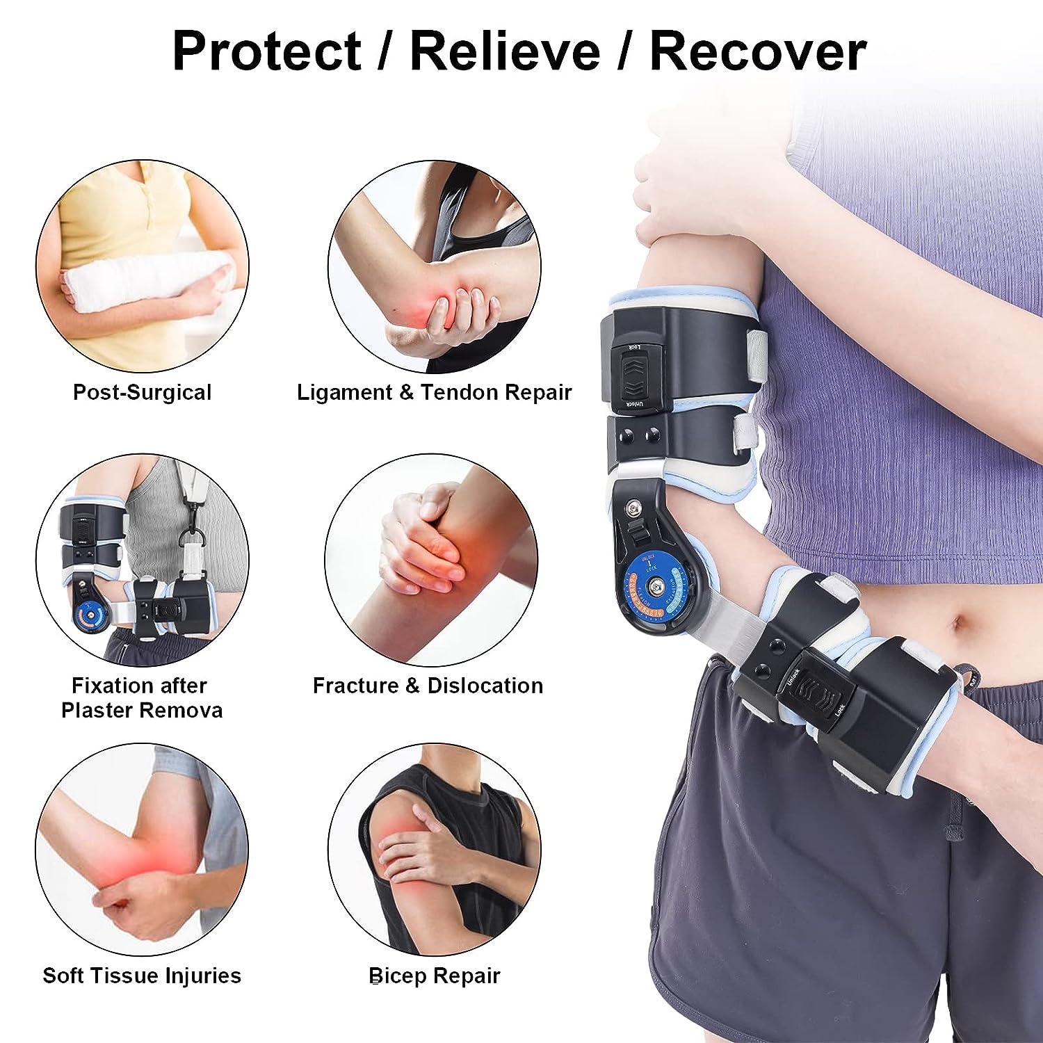RISURRY Hinged Elbow Brace Adjustable Post OP Elbow Brace with Shoulder  Sling Stabilizer Splint Arm Injury Recovery Support After Surgery (Right Arm)  Universal-Right
