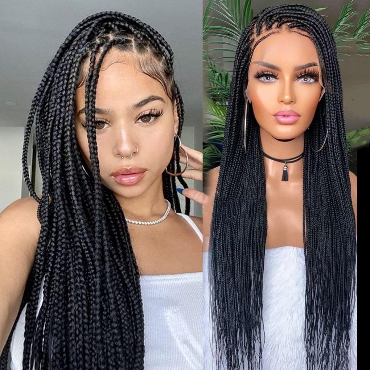 Long Black Braided African Wig Box Braids Synthetic Wigs Handmade Natural  Heat