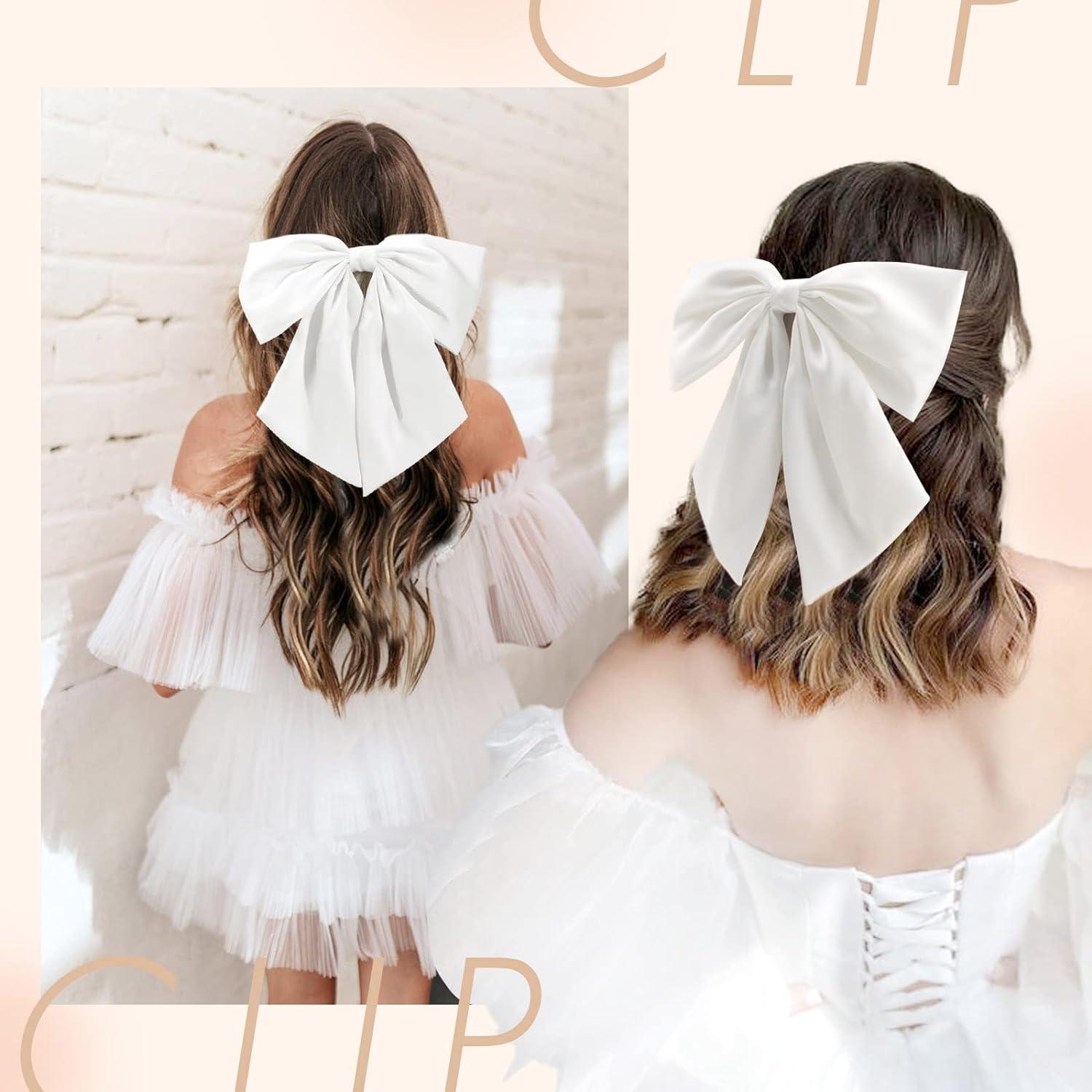 2Pcs Big Satin Hair Bows for Women Girls 10 Inch Barrette Hair Clip Long  Black White Silk Ribbon bride Wedding Bows French Style Hair Accessories  (Black+White)