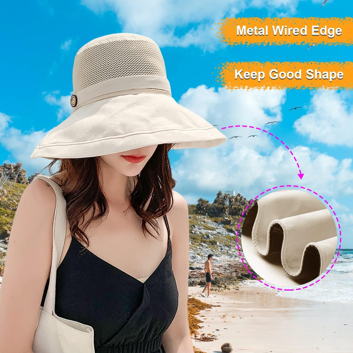 Women Cotton Wide Brim Sun Hats Metal Wired Edge Summer UV