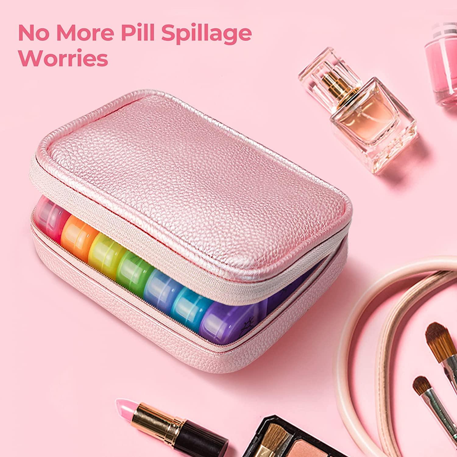 Cute Pill Organizer 3 Times a Day, Amoos PU Leather Pill Case for Women,  Portable Weekly Pill Box for Purse with Storage Bag&Zipper to Hold  Vitamins/Medications/Fish Oils/Supplements, Pink