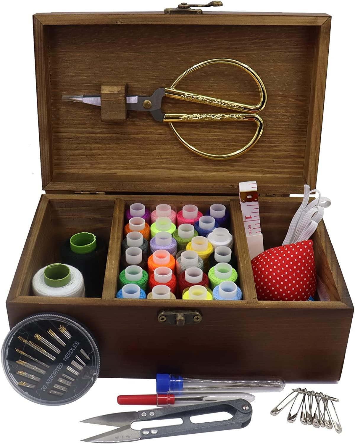 Flytreal Sewing Kit Box Basket, Wooden Hand Home Sewing Repair