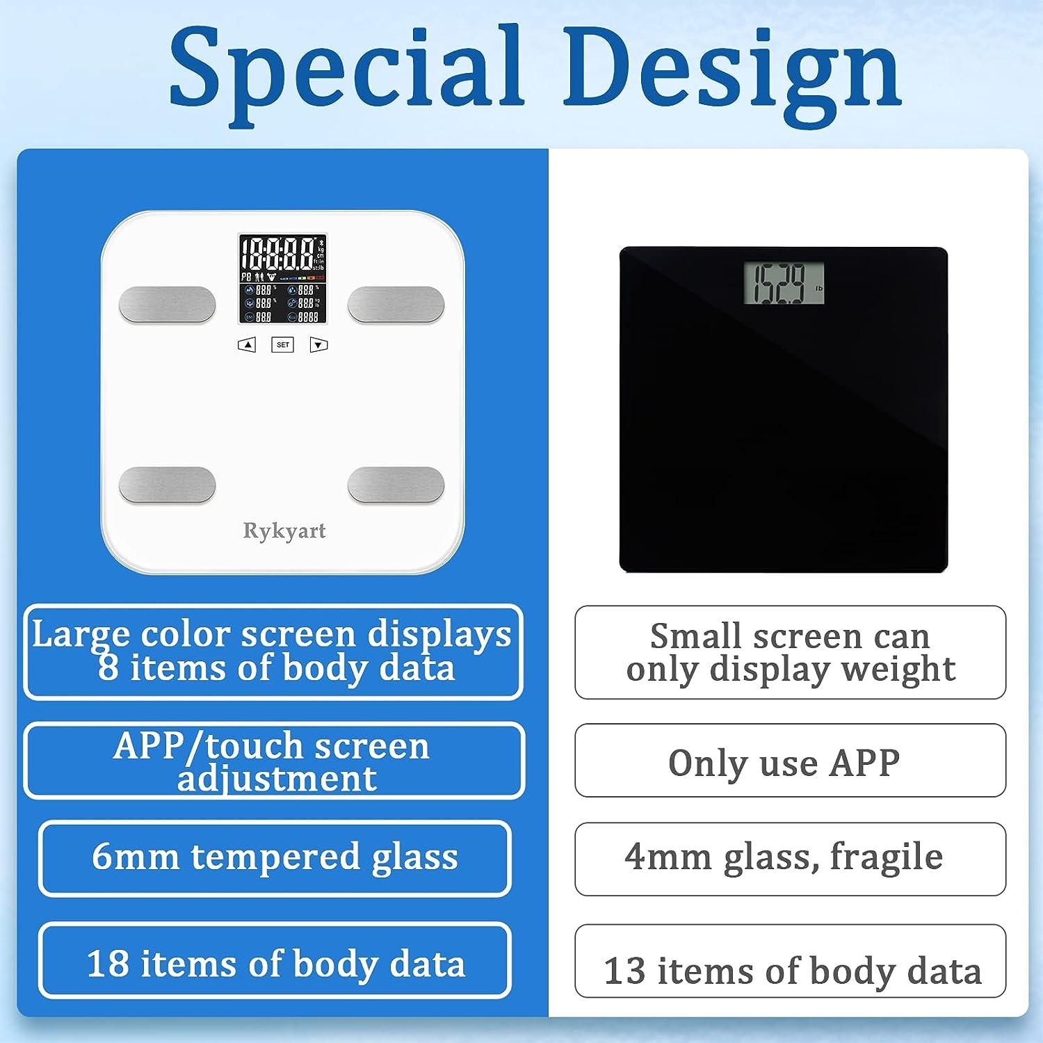 Scale for Body Weight and Fat, Rykyart Touch Screen & App Dual-Mode Scale  with 18 Body Data,400 Ib Bluetooth BMI Weight Scales, Digital Bathroom Scale  Sync with Fitness App,Smart Scale for Weighing