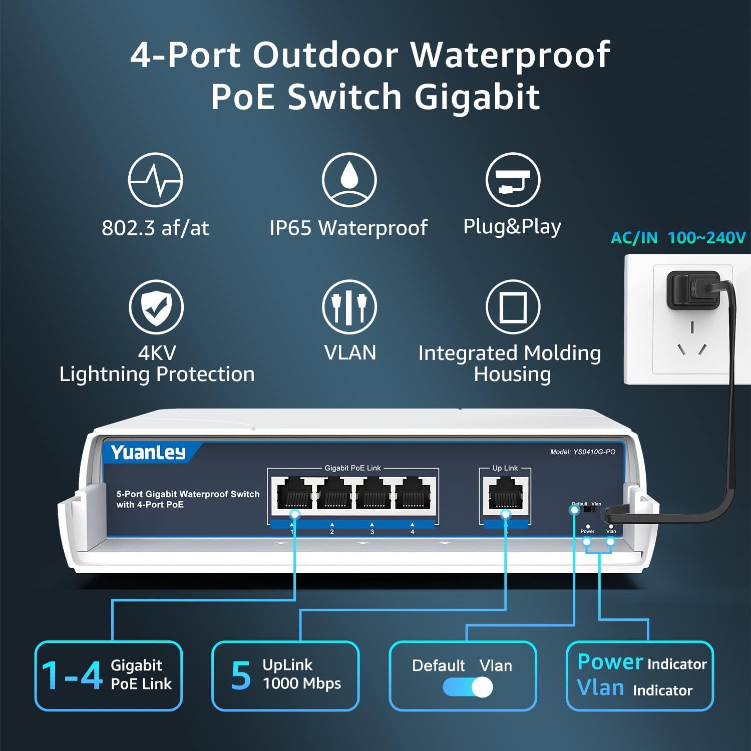 YuanLey 4-Port PoE Switch Gigabit- Waterproof Outdoor Ethernet